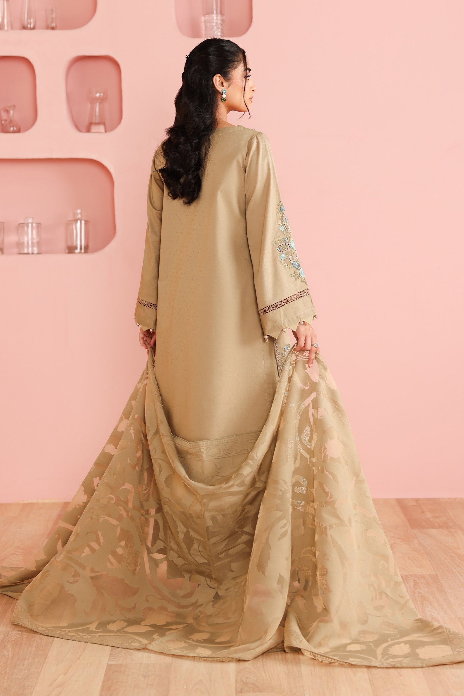 Maria B | Pre Fall Dresses | 3 Piece Embroidered Dobby Suit Coffee - Official Maria B stockist in UK - Sakeena London