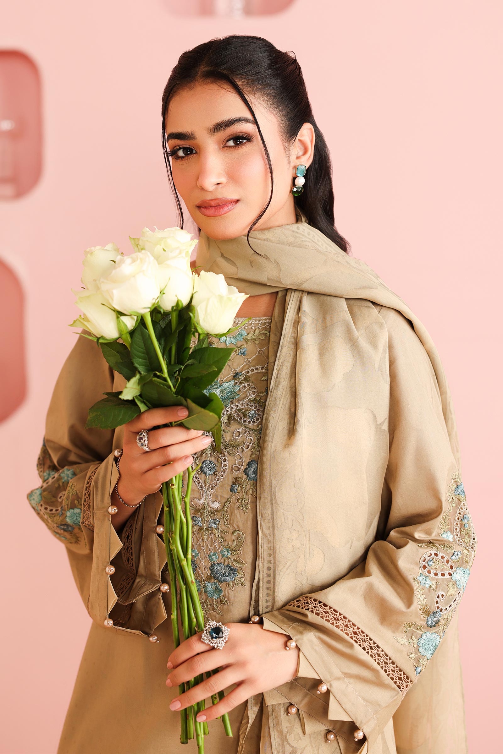 Maria B | Pre Fall Dresses | 3 Piece Embroidered Dobby Suit Coffee - Official Maria B stockist in UK - Sakeena London