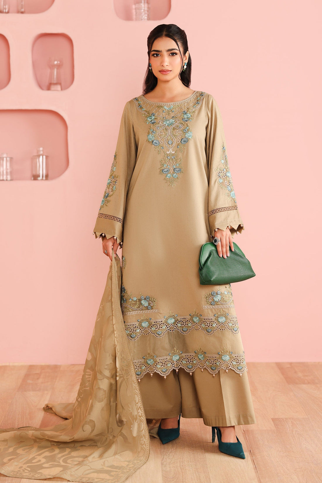Maria B | Pre Fall Dresses | 3 Piece Embroidered Dobby Suit Coffee - Official Maria B stockist in UK - Sakeena London