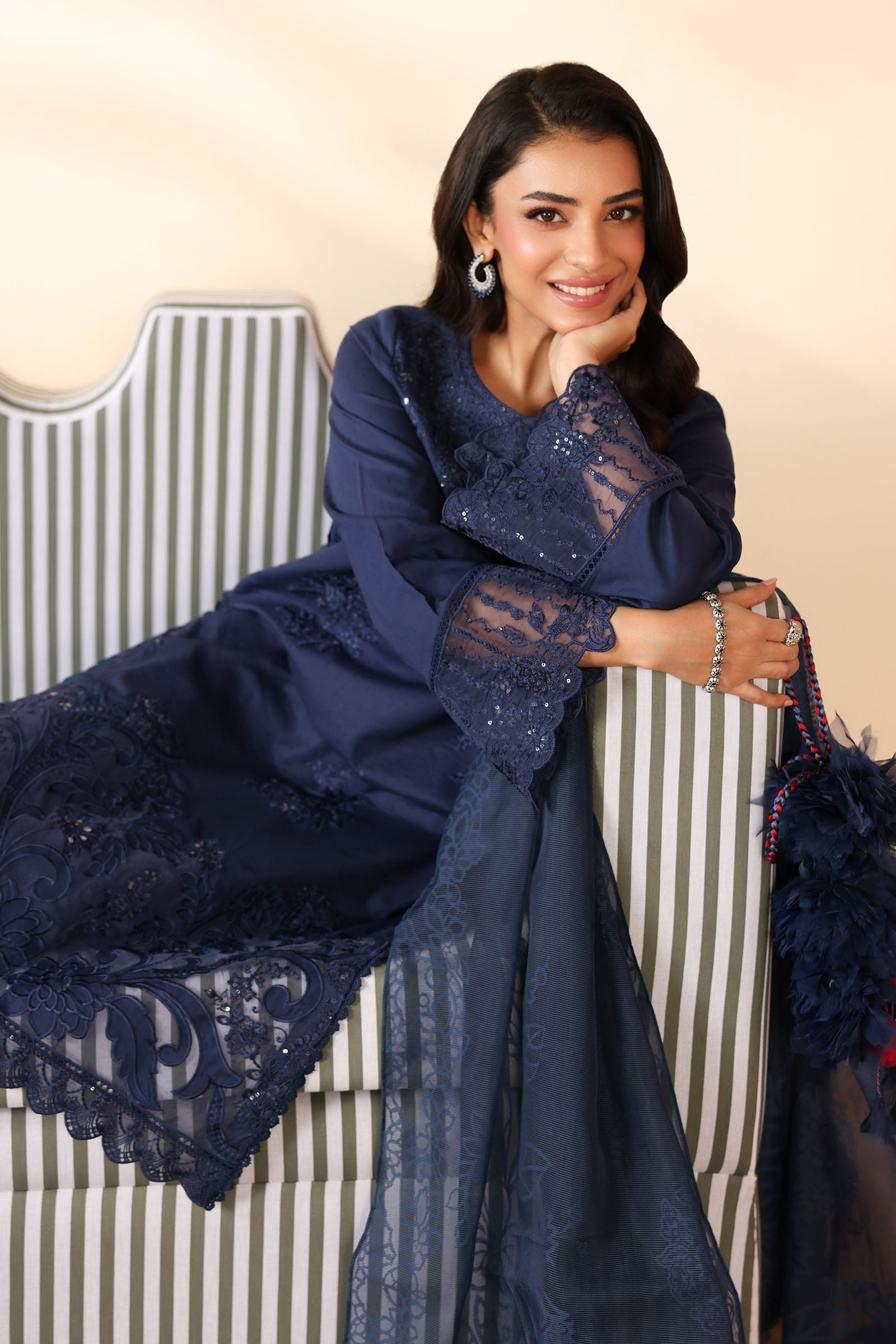 Maria B | Pre Fall Dresses | 3 Piece Embroidered Dobby Suit Navy Blue - Official Maria B stockist in UK - Sakeena London