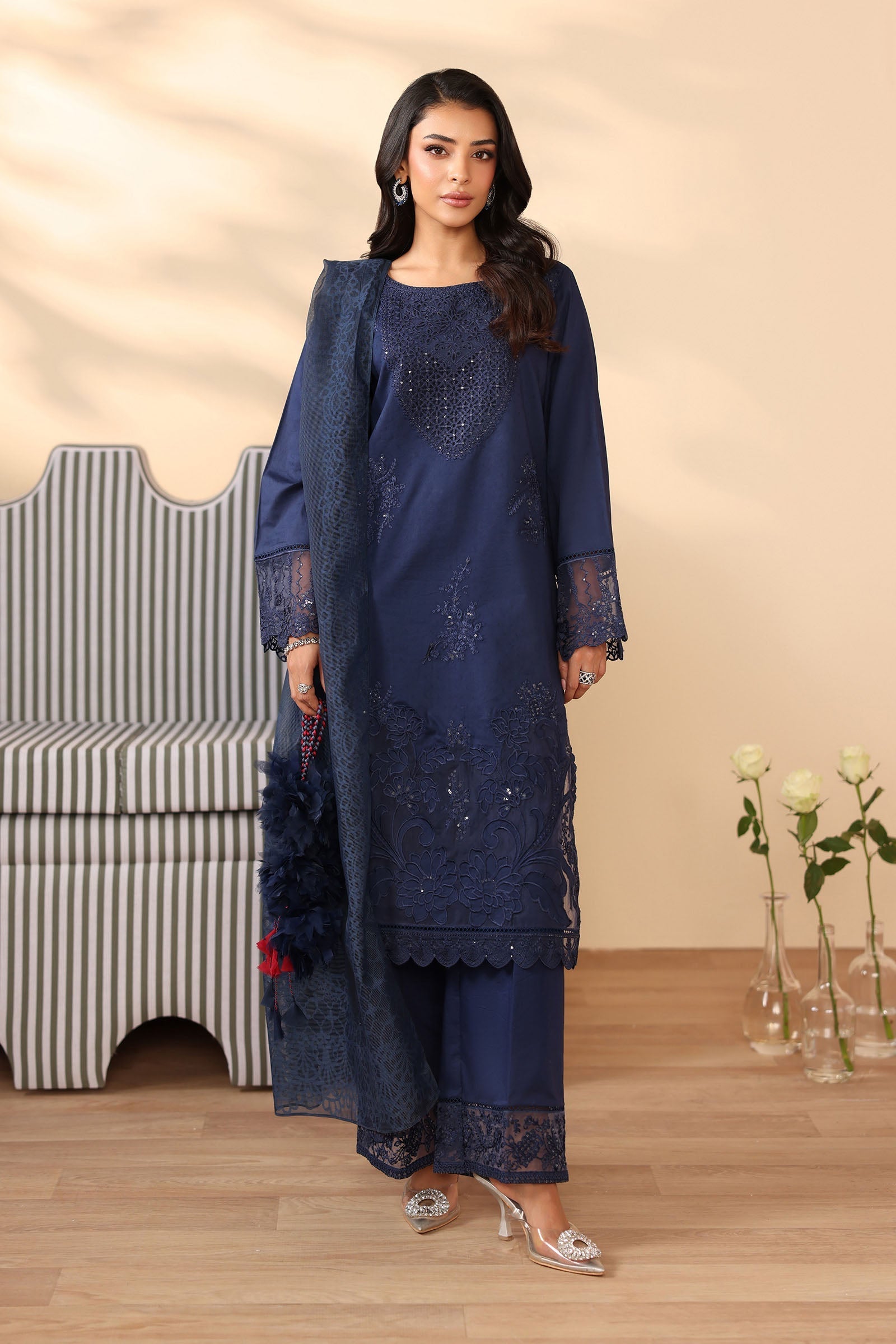 Maria B | Pre Fall Dresses | 3 Piece Embroidered Dobby Suit Navy Blue - Official Maria B stockist in UK - Sakeena London