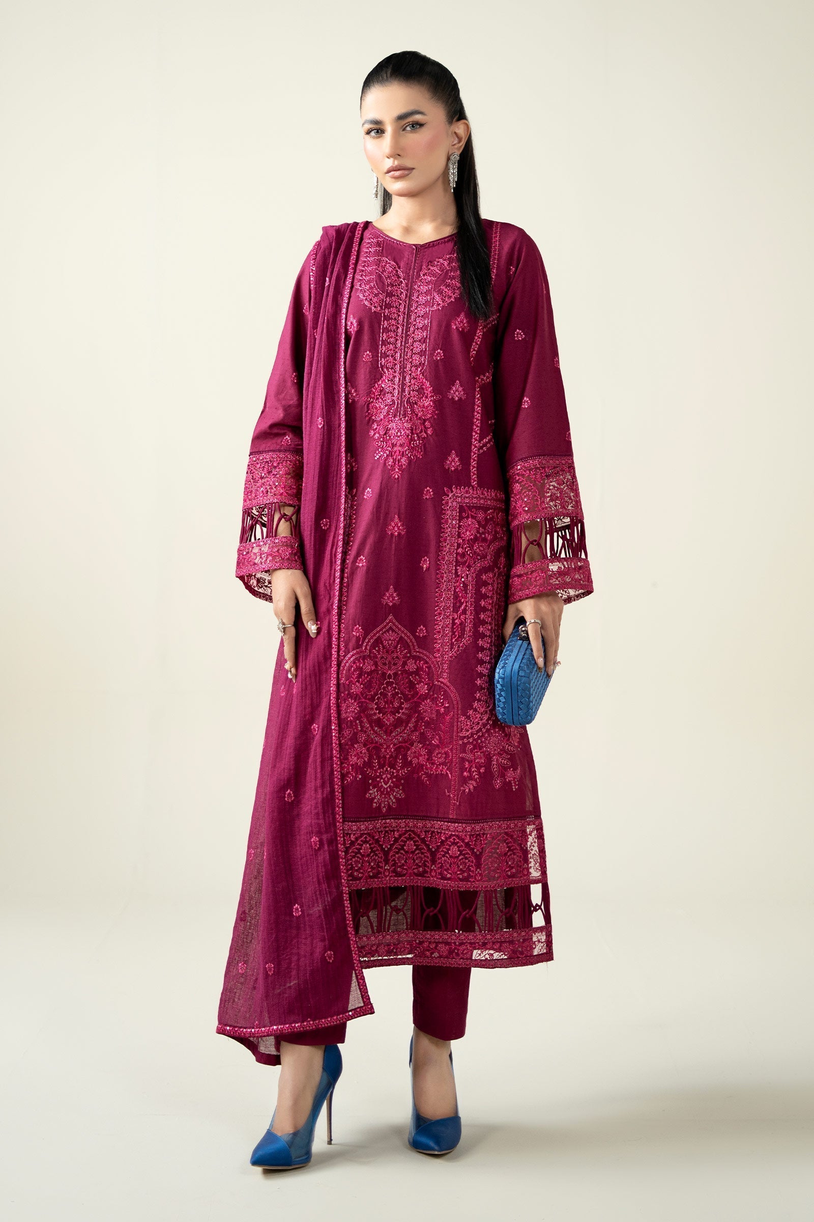 Maria B | Luxury Winter Pret 25 | DW-PF25-23-Magenta - Official Maria B stockist in UK - Sakeena London