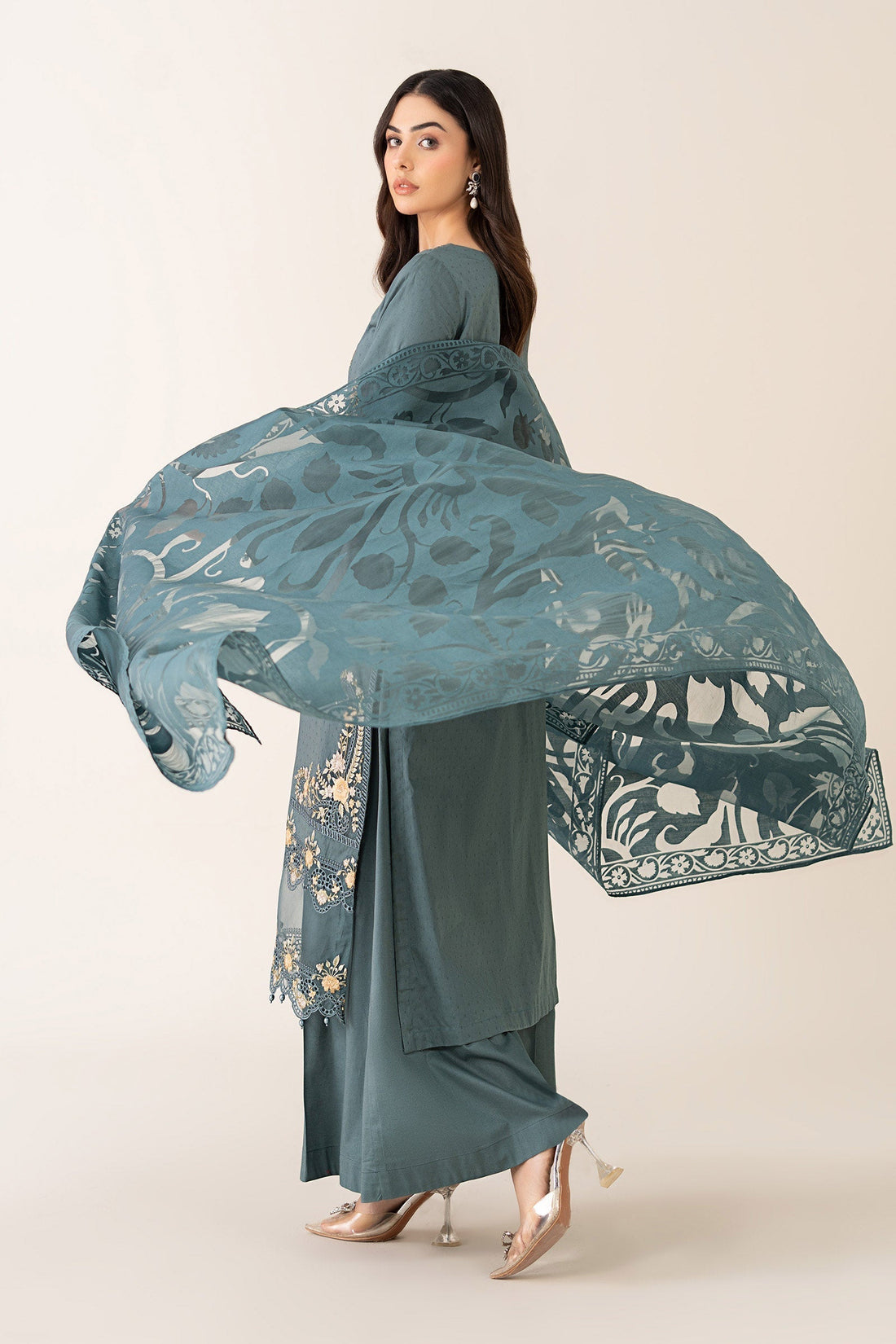 Maria B | Pre Fall Dresses | 3 Piece Embroidered Dobby Suit Teal - Official Maria B stockist in UK - Sakeena London