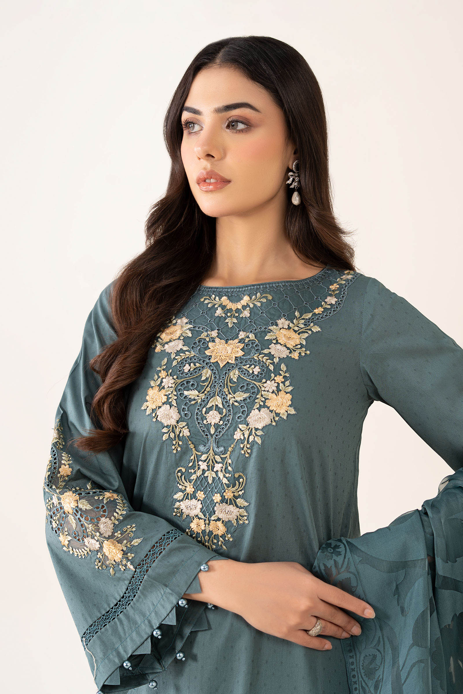 Maria B | Pre Fall Dresses | 3 Piece Embroidered Dobby Suit Teal - Official Maria B stockist in UK - Sakeena London