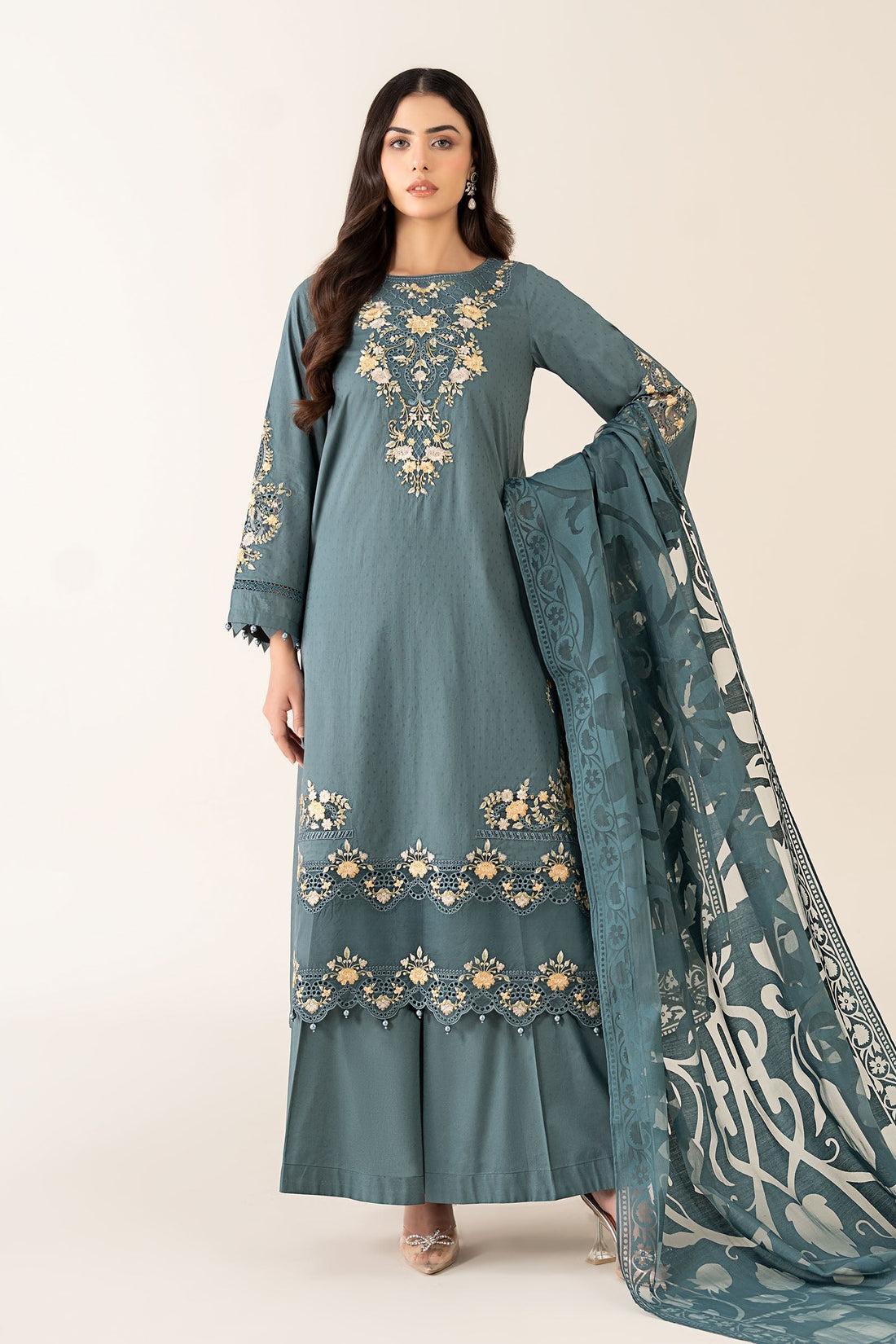 Maria B | Pre Fall Dresses | 3 Piece Embroidered Dobby Suit Teal - Official Maria B stockist in UK - Sakeena London