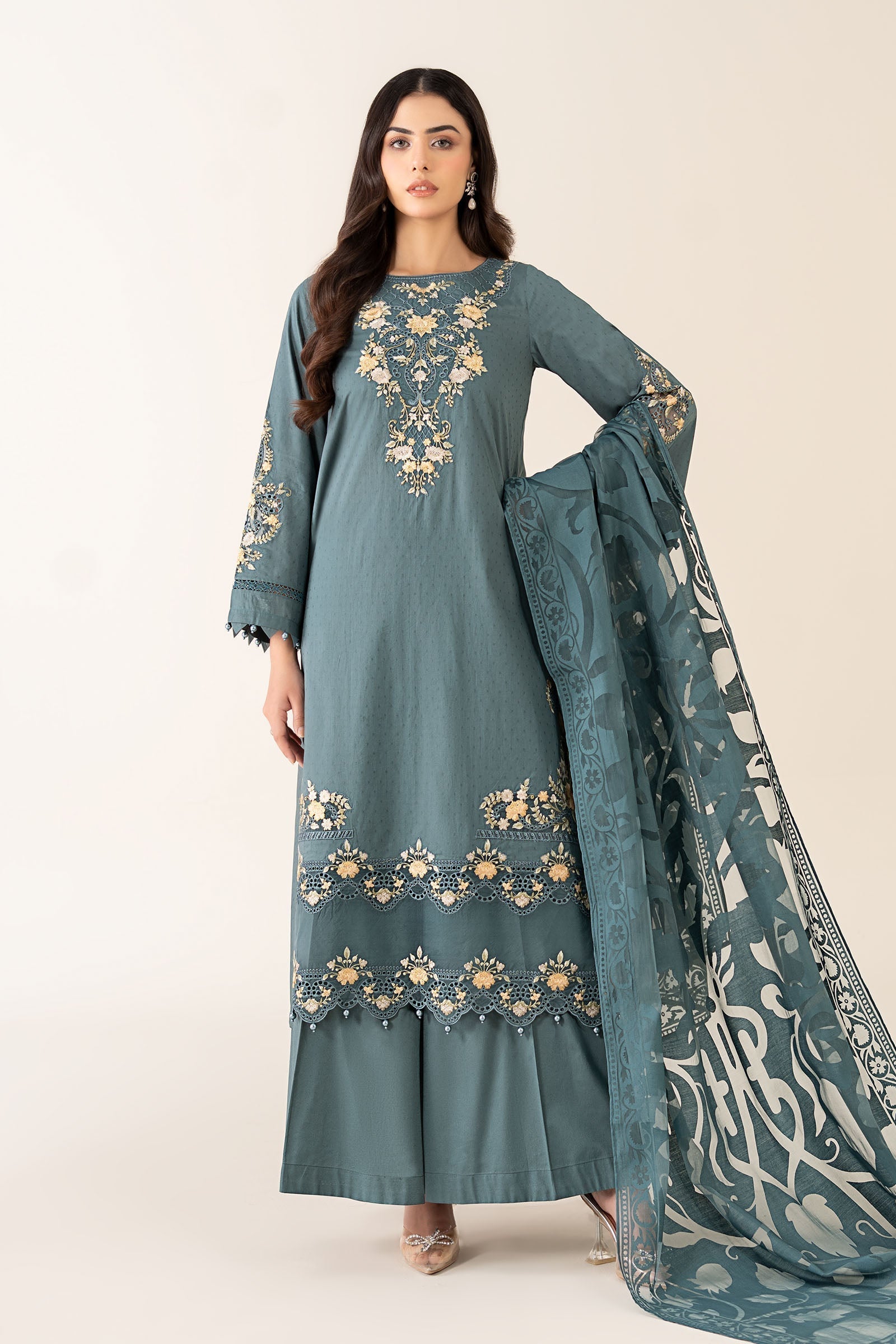 Maria B | Pre Fall Dresses | 3 Piece Embroidered Dobby Suit Teal - Official Maria B stockist in UK - Sakeena London