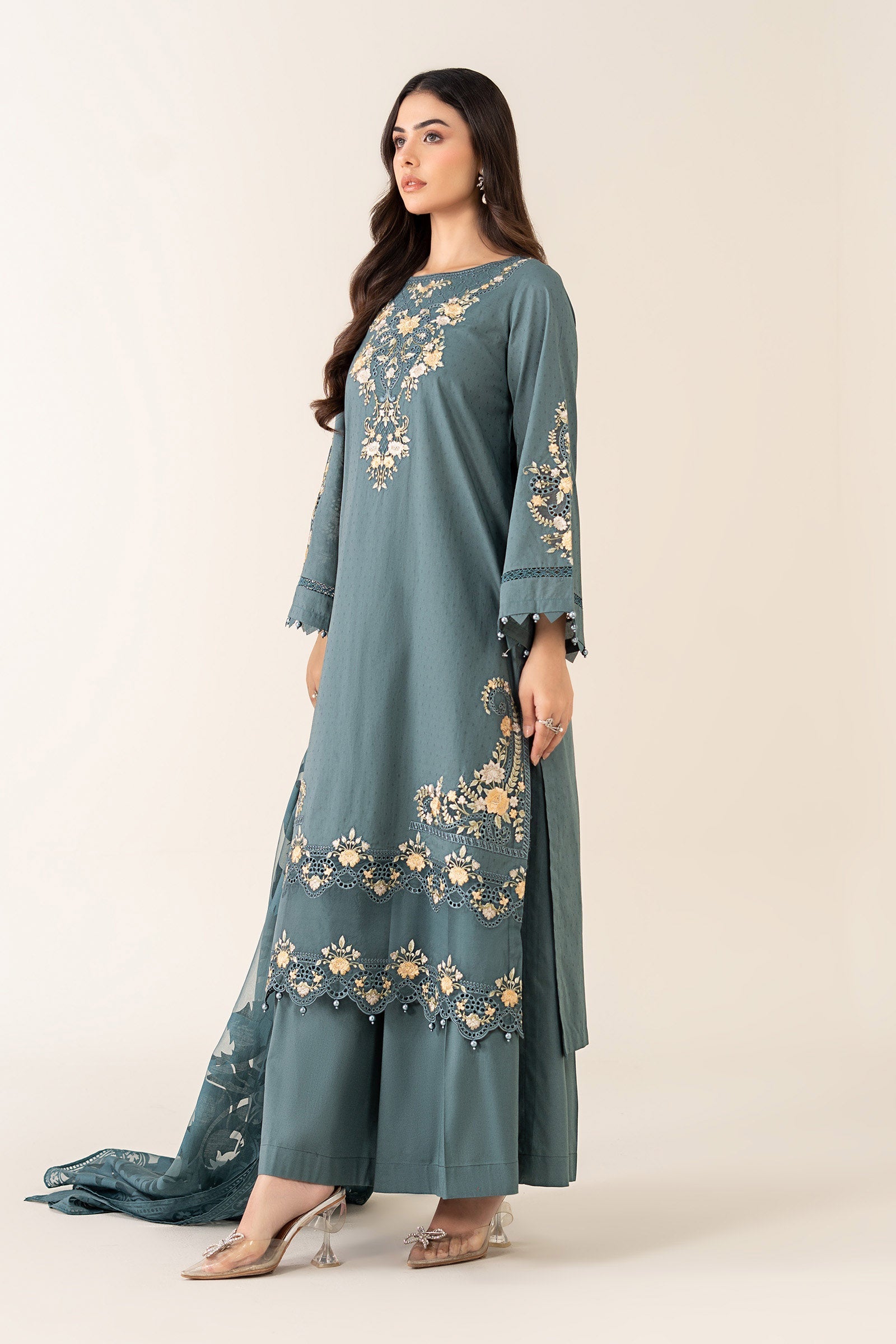 Maria B | Pre Fall Dresses | 3 Piece Embroidered Dobby Suit Teal - Official Maria B stockist in UK - Sakeena London