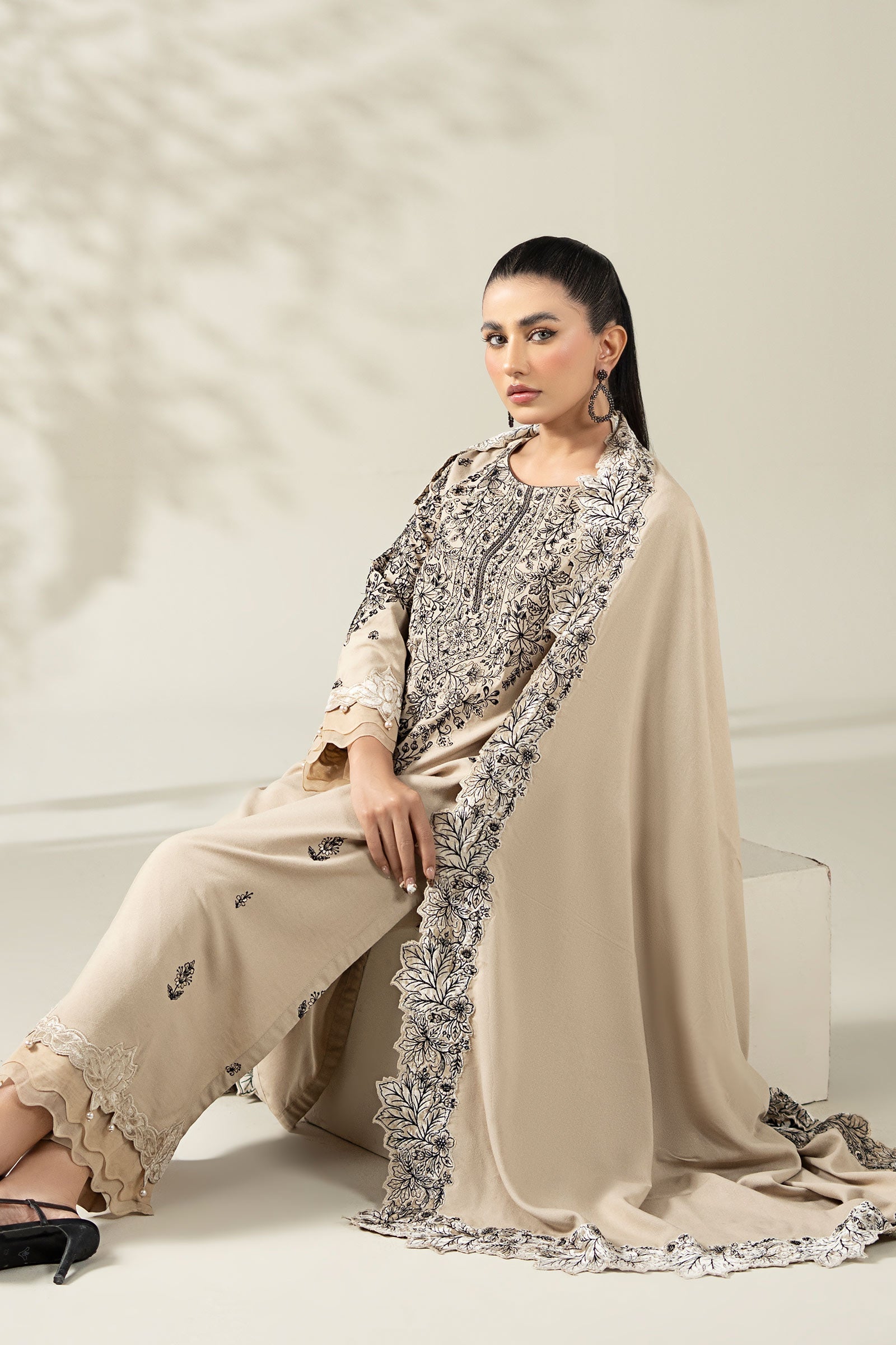 Maria B | Luxury Winter Pret 25 | DW-W25-47-BEIGE - Official Maria B stockist in UK - Sakeena London