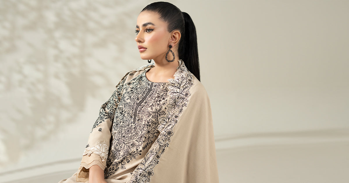 Maria B | Luxury Winter Pret 25 | DW-W25-47-BEIGE - Official Maria B stockist in UK - Sakeena London