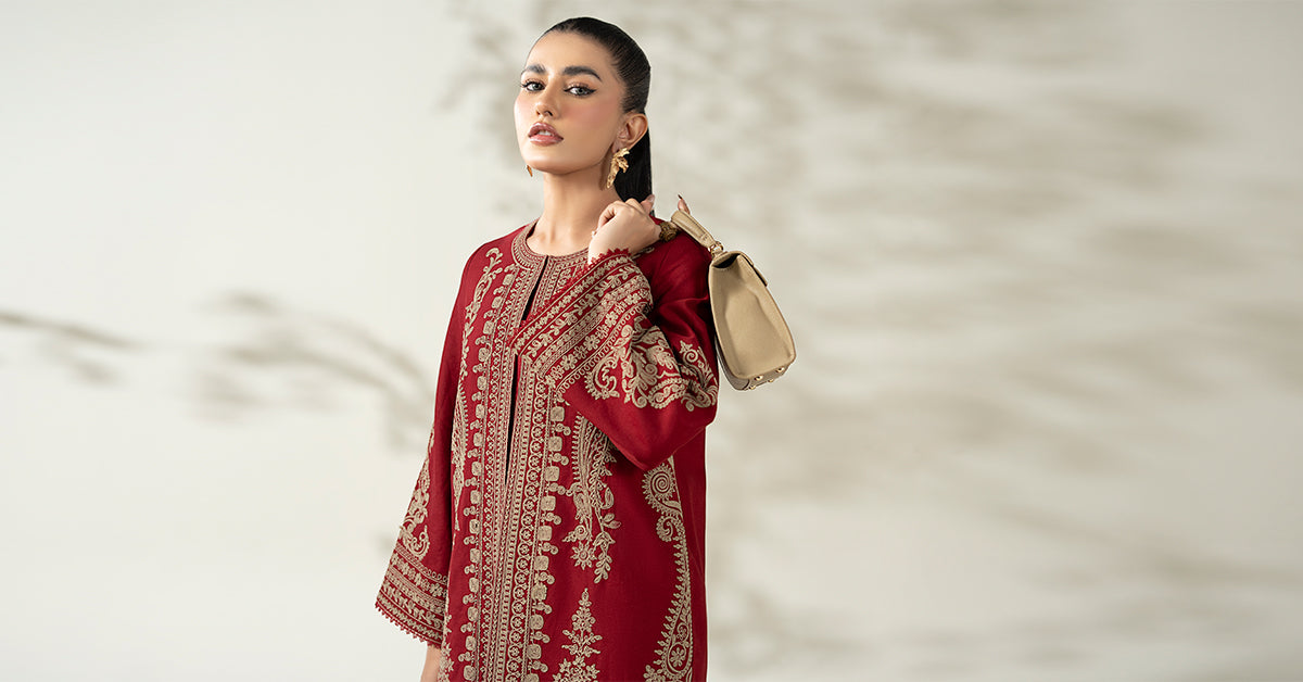 Maria B | Luxury Winter Pret 25 | DW-W25-58-Maroon - Official Maria B stockist in UK - Sakeena London