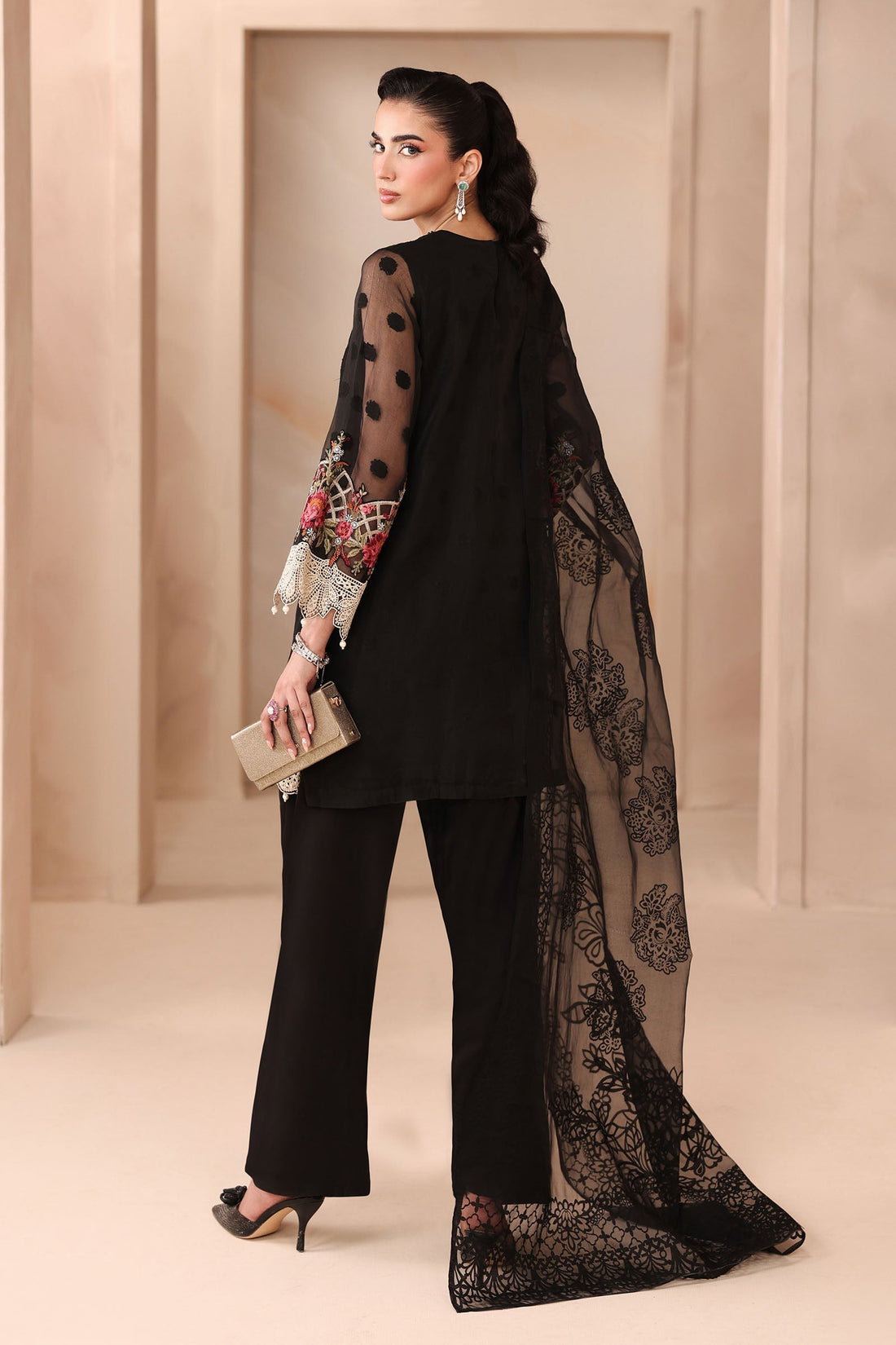 Maria B | Pre Fall Dresses | 3 Piece Embroidered Organza Jacquard Suit Black - Official Maria B stockist in UK - Sakeena London
