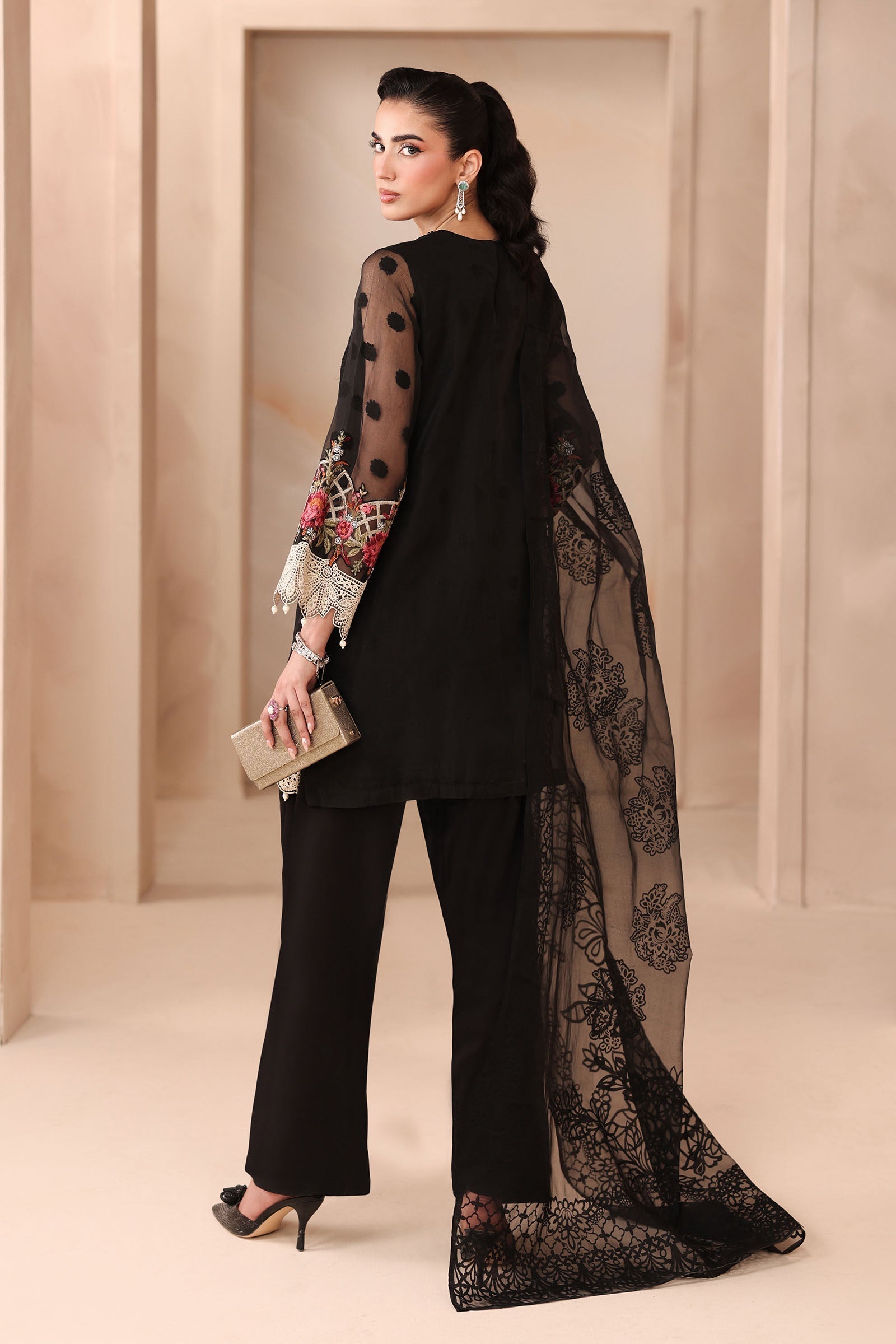 Maria B | Pre Fall Dresses | 3 Piece Embroidered Organza Jacquard Suit Black - Official Maria B stockist in UK - Sakeena London