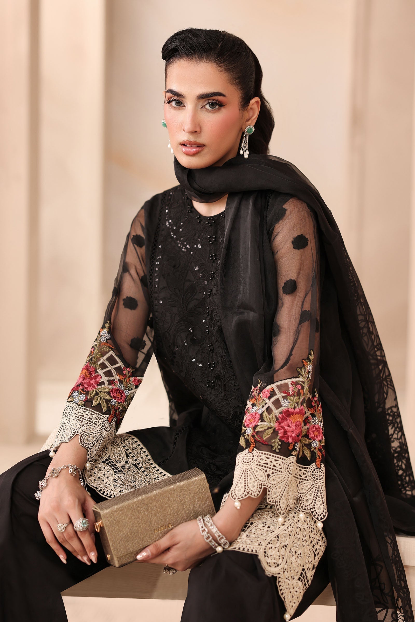 Maria B | Pre Fall Dresses | 3 Piece Embroidered Organza Jacquard Suit Black - Official Maria B stockist in UK - Sakeena London