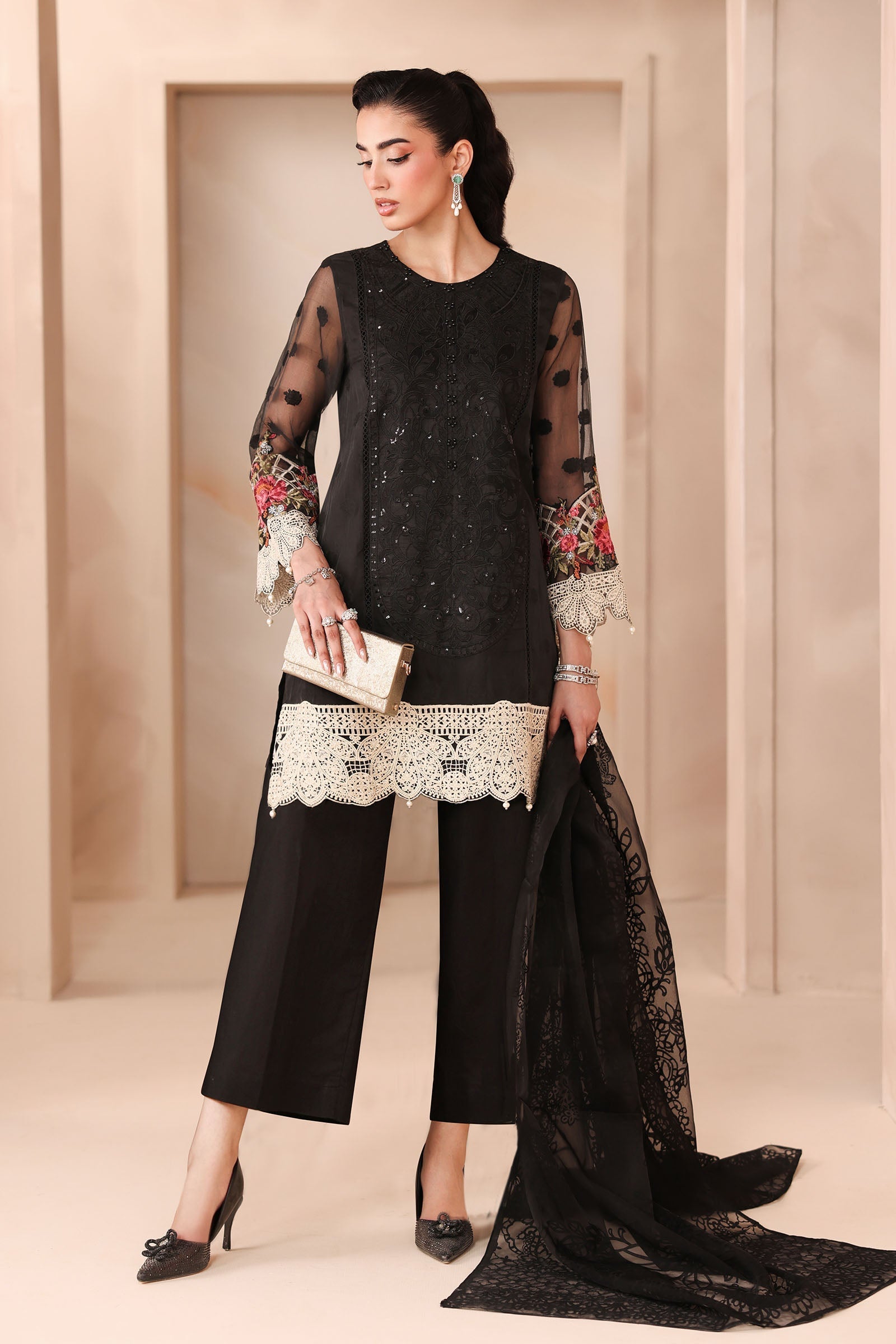 Maria B | Pre Fall Dresses | 3 Piece Embroidered Organza Jacquard Suit Black - Official Maria B stockist in UK - Sakeena London
