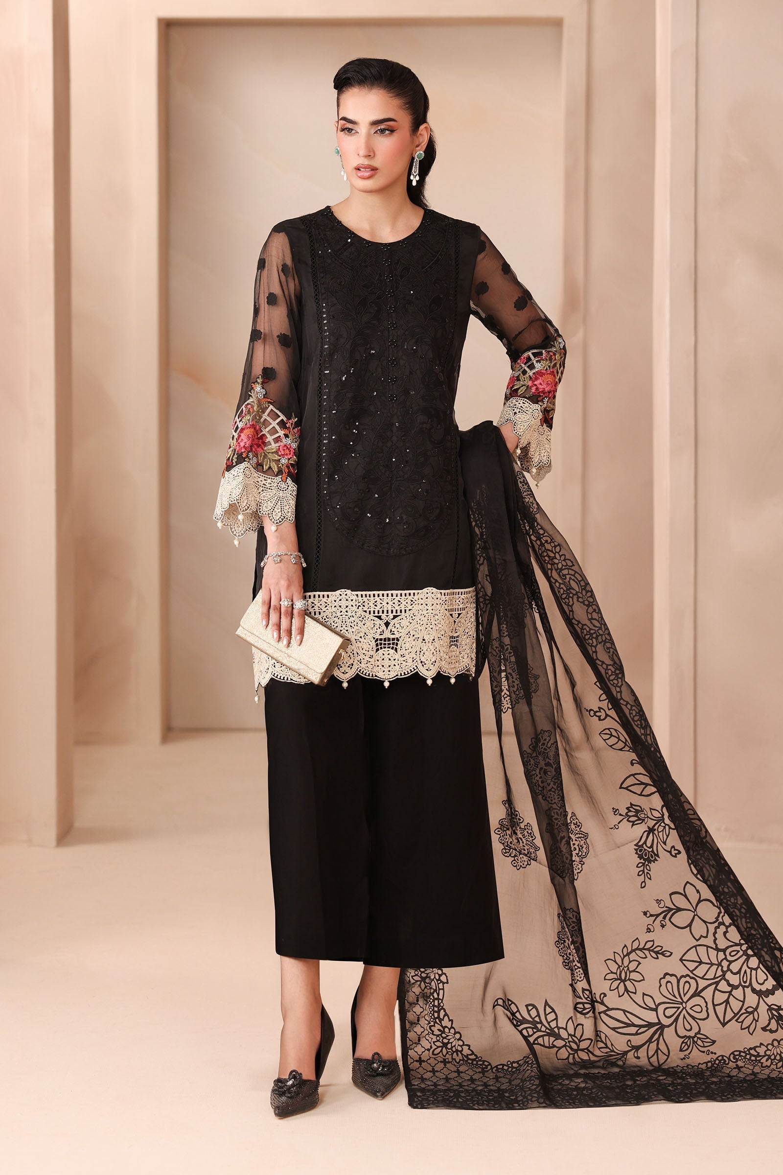 Maria B | Pre Fall Dresses | 3 Piece Embroidered Organza Jacquard Suit Black - Official Maria B stockist in UK - Sakeena London