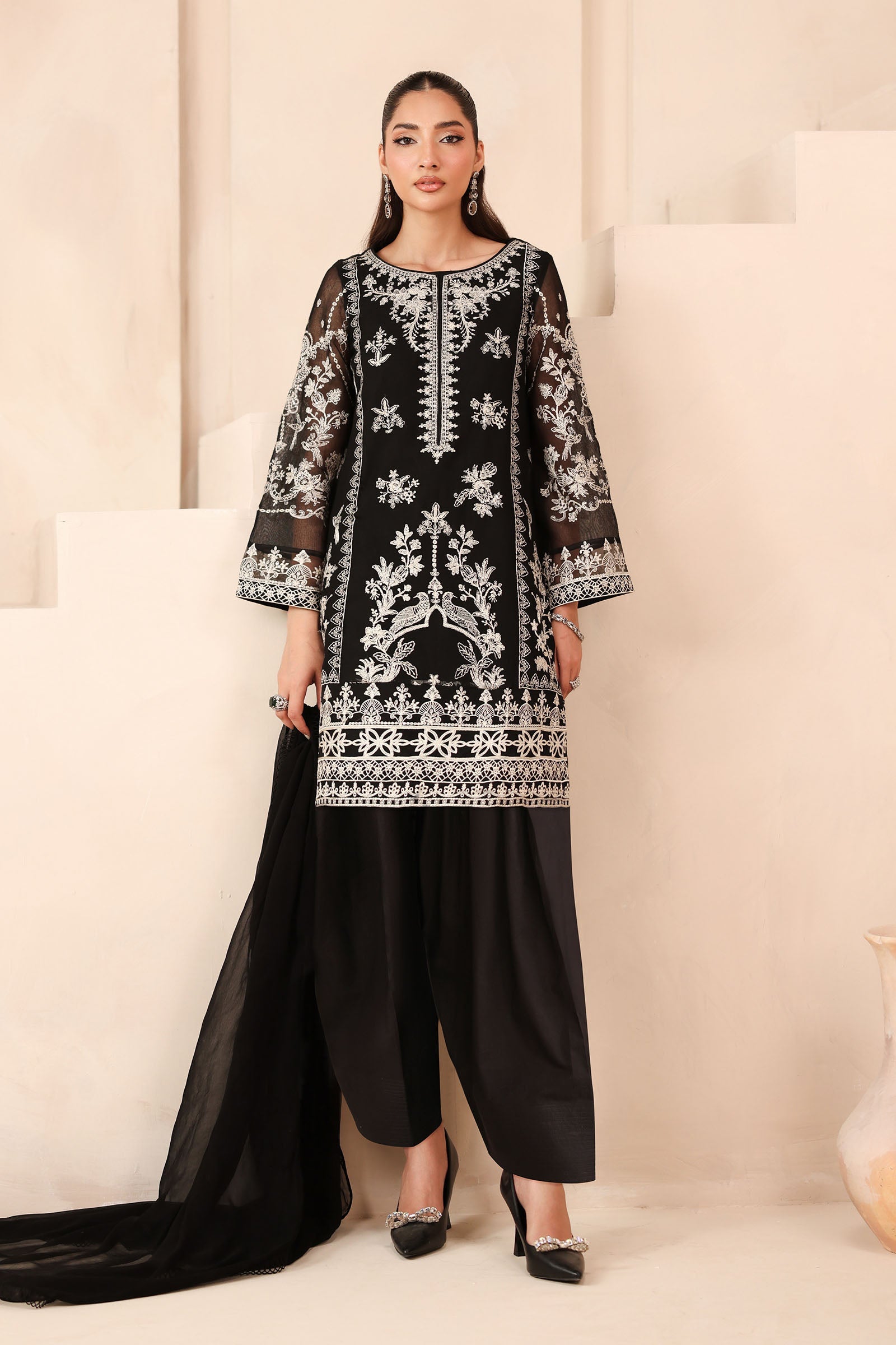 Maria B | Pre Fall Dresses | 3 Piece Embroidered Cotton Net Suit Black - Official Maria B stockist in UK - Sakeena London