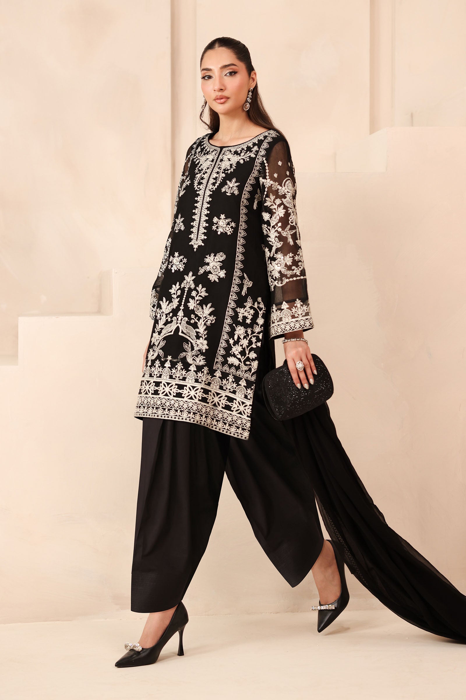 Maria B | Pre Fall Dresses | 3 Piece Embroidered Cotton Net Suit Black - Official Maria B stockist in UK - Sakeena London
