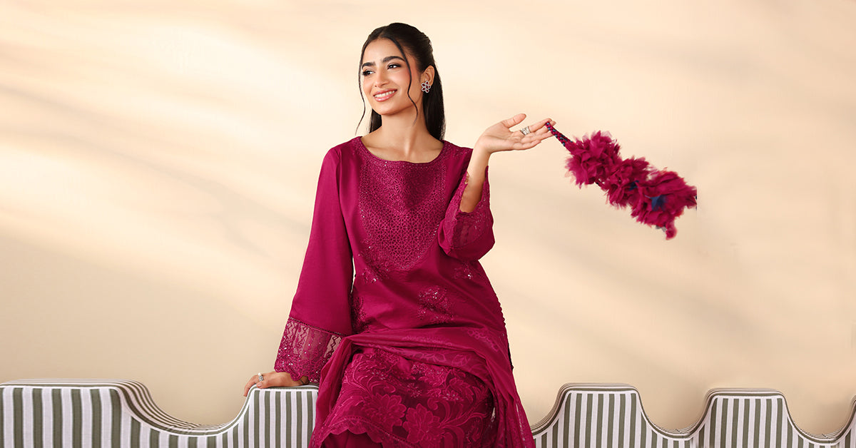 Maria B | Luxury Winter Pret 25 | DW-PF25-07-Maroon - Official Maria B stockist in UK - Sakeena London