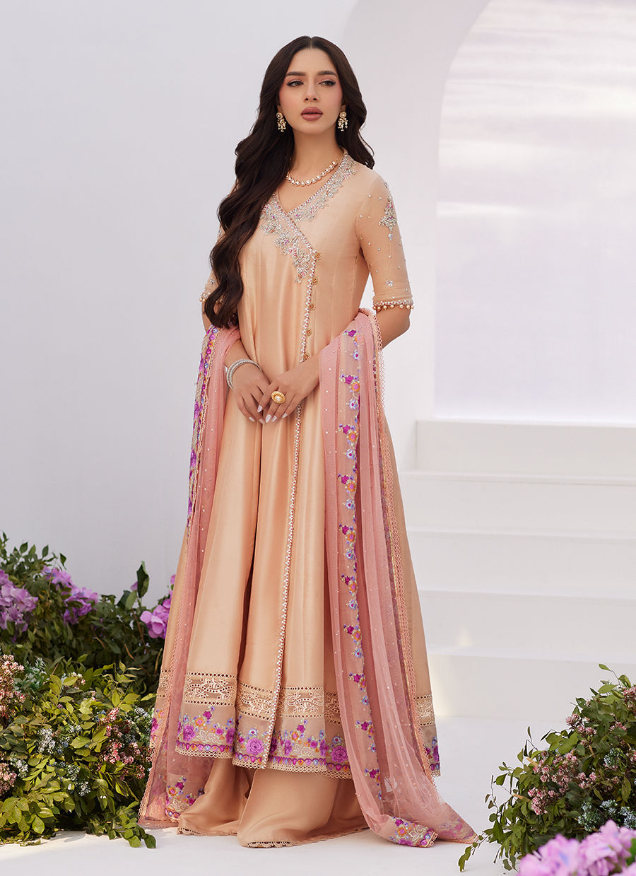 Farah Talib Aziz | Zaza Luxe Pret 24 | LISETTE FAWN EMBELLISHED RAW SILK ANGARKHA AND DUPATTA - Official Farah Talib Aziz stockist in UK - Sakeena London