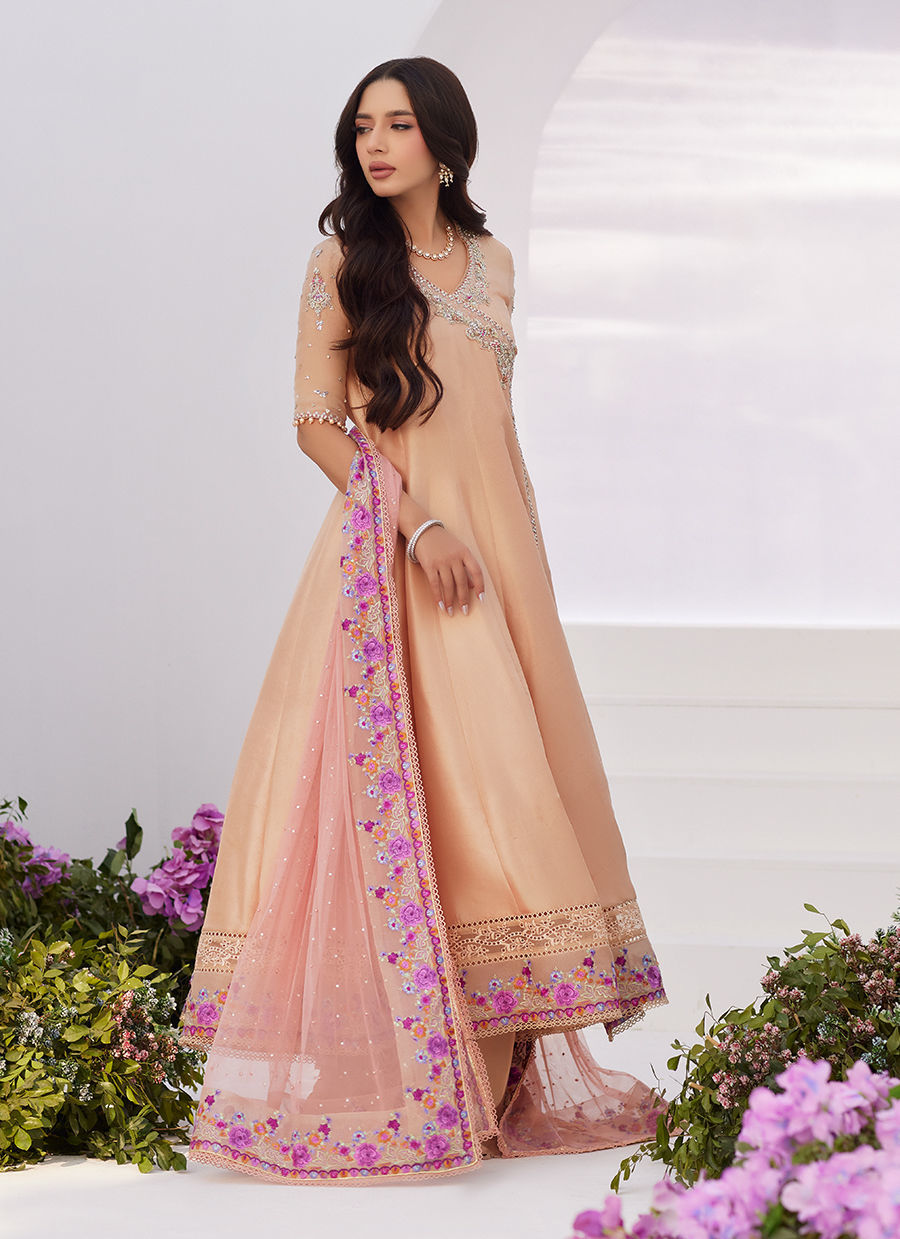 Farah Talib Aziz | Zaza Luxe Pret 24 | LISETTE FAWN EMBELLISHED RAW SILK ANGARKHA AND DUPATTA - Official Farah Talib Aziz stockist in UK - Sakeena London