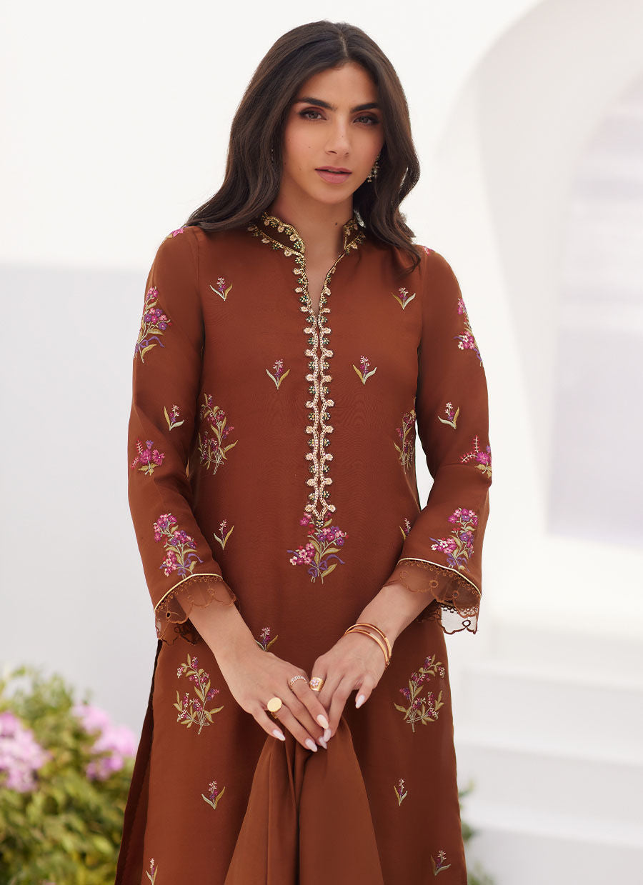 Farah Talib Aziz | Zaza Luxe Pret 24 | NOEMIE CHOCOLATE EMBROIDERED RAW SILK SHIRT AND DUPATTA - Official Farah Talib Aziz stockist in UK - Sakeena London