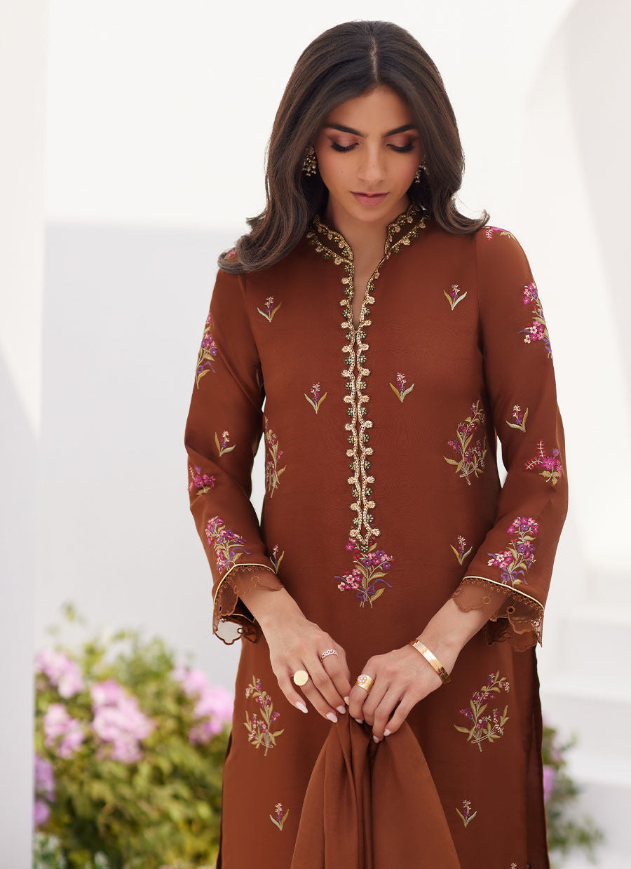 Farah Talib Aziz | Zaza Luxe Pret 24 | NOEMIE CHOCOLATE EMBROIDERED RAW SILK SHIRT AND DUPATTA - Official Farah Talib Aziz stockist in UK - Sakeena London