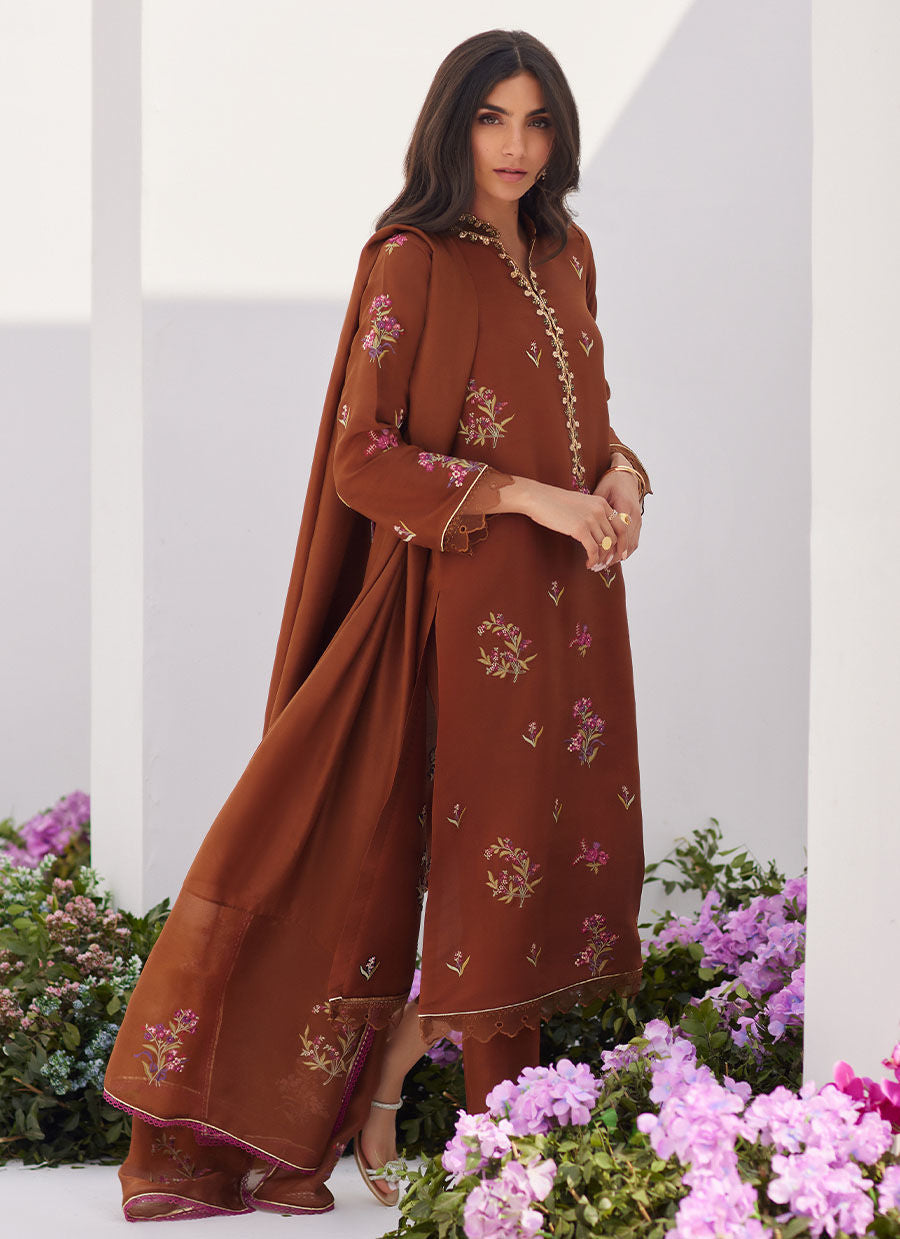 Farah Talib Aziz | Zaza Luxe Pret 24 | NOEMIE CHOCOLATE EMBROIDERED RAW SILK SHIRT AND DUPATTA - Official Farah Talib Aziz stockist in UK - Sakeena London