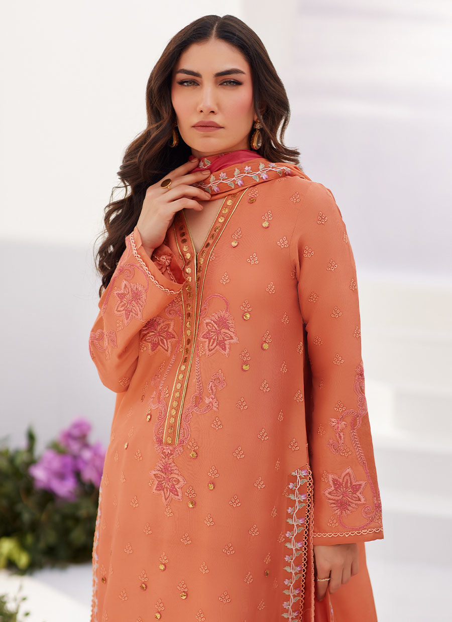 Farah Talib Aziz | Zaza Luxe Pret 24 | ELYNA CORAL EMBROIDERED RAW SILK SHIRT AND DUPATTA - Official Farah Talib Aziz stockist in UK - Sakeena London