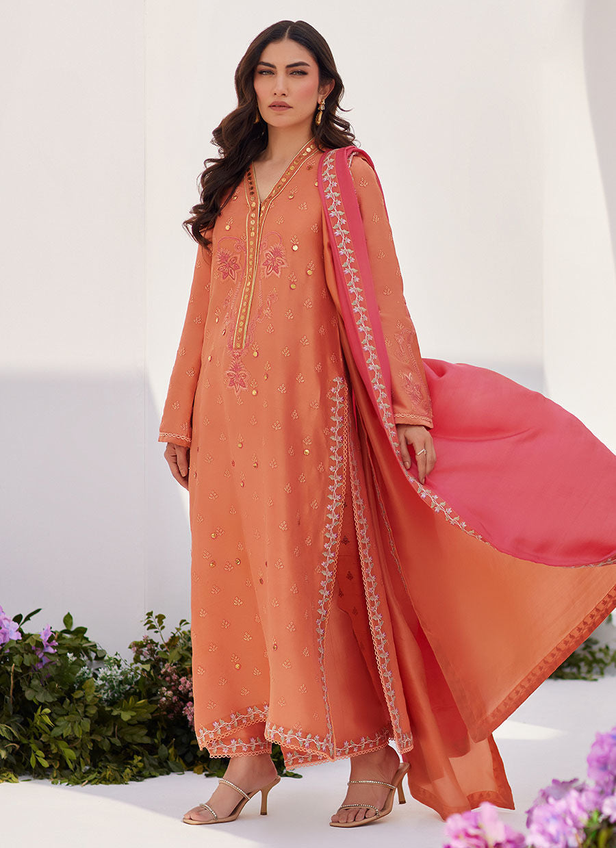 Farah Talib Aziz | Zaza Luxe Pret 24 | ELYNA CORAL EMBROIDERED RAW SILK SHIRT AND DUPATTA - Official Farah Talib Aziz stockist in UK - Sakeena London