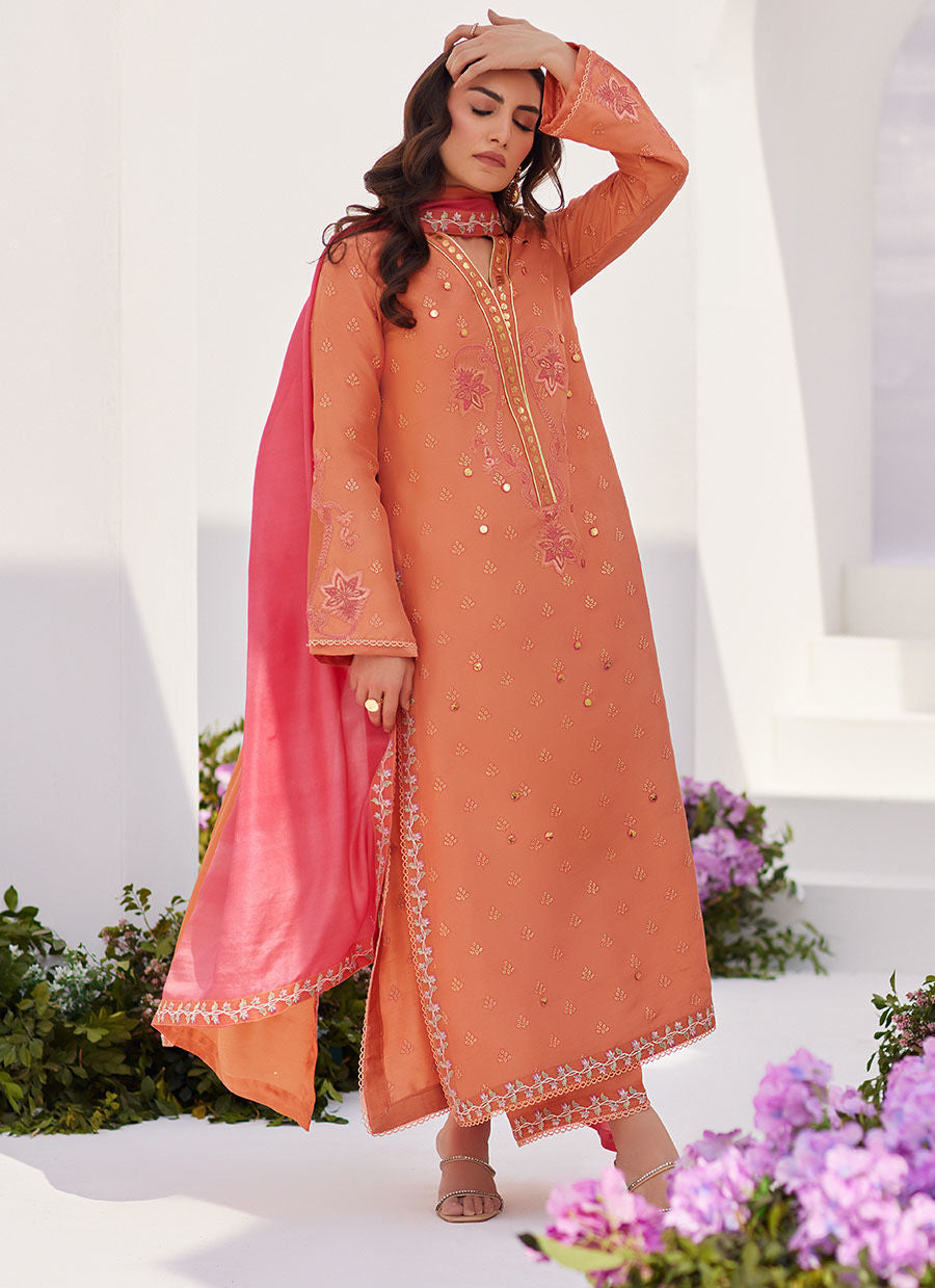 Farah Talib Aziz | Zaza Luxe Pret 24 | ELYNA CORAL EMBROIDERED RAW SILK SHIRT AND DUPATTA - Official Farah Talib Aziz stockist in UK - Sakeena London