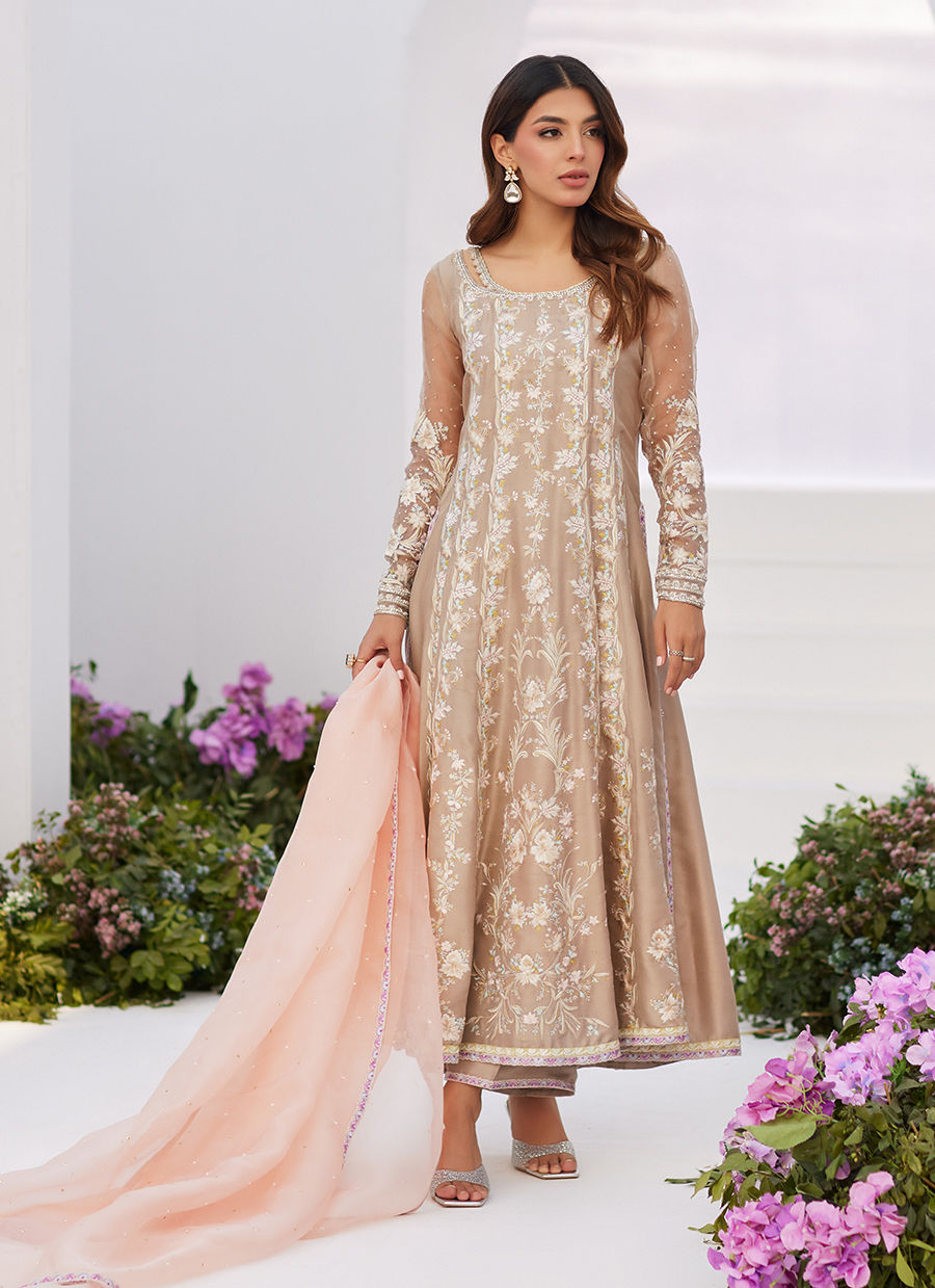Farah Talib Aziz | Zaza Luxe Pret 24 | CHARLENE SAND EMBROIDERED KALIDAAR WITH DUPATTA - Official Farah Talib Aziz stockist in UK - Sakeena London