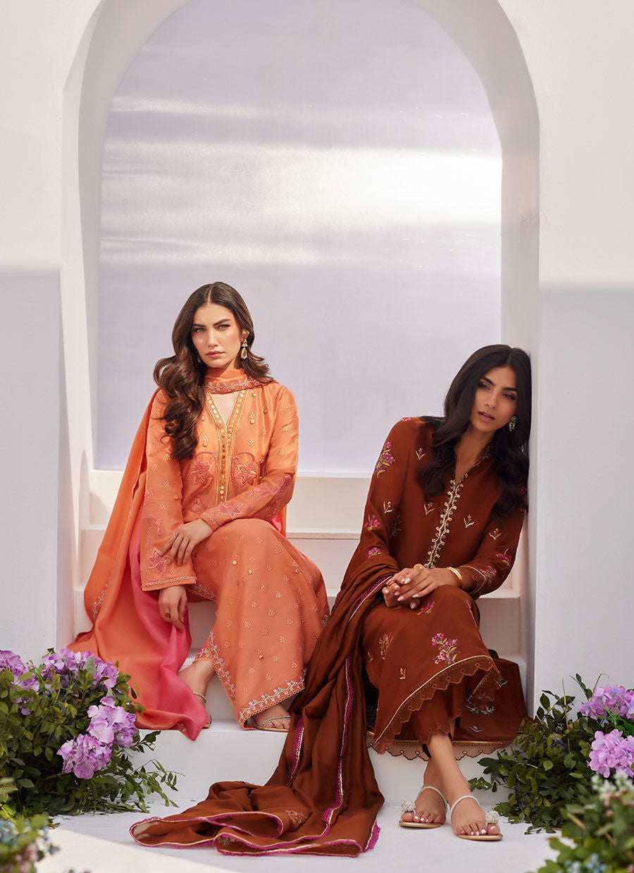 Farah Talib Aziz | Zaza Luxe Pret 24 | ELYNA CORAL EMBROIDERED RAW SILK SHIRT AND DUPATTA - Official Farah Talib Aziz stockist in UK - Sakeena London