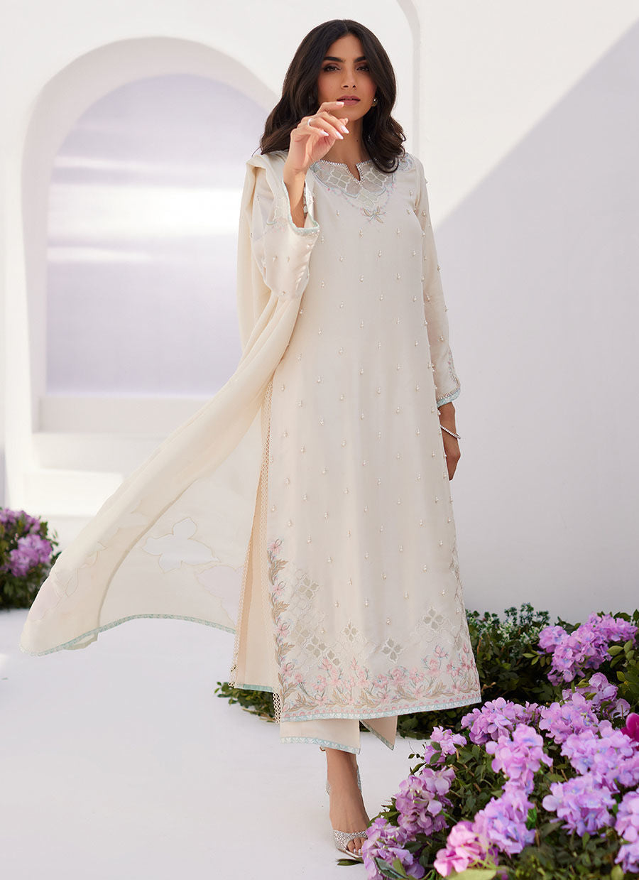 Farah Talib Aziz | Zaza Luxe Pret 24 | LYA IVORY EMBELLISHED RAW SILK SHIRT AND DUPATTA - Official Farah Talib Aziz stockist in UK - Sakeena London