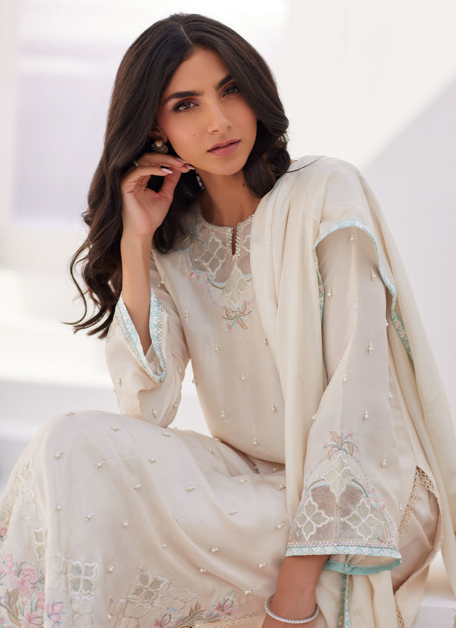 Farah Talib Aziz | Zaza Luxe Pret 24 | LYA IVORY EMBELLISHED RAW SILK SHIRT AND DUPATTA - Official Farah Talib Aziz stockist in UK - Sakeena London
