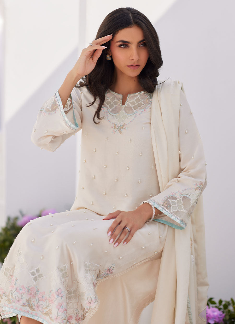 Farah Talib Aziz | Zaza Luxe Pret 24 | LYA IVORY EMBELLISHED RAW SILK SHIRT AND DUPATTA - Official Farah Talib Aziz stockist in UK - Sakeena London