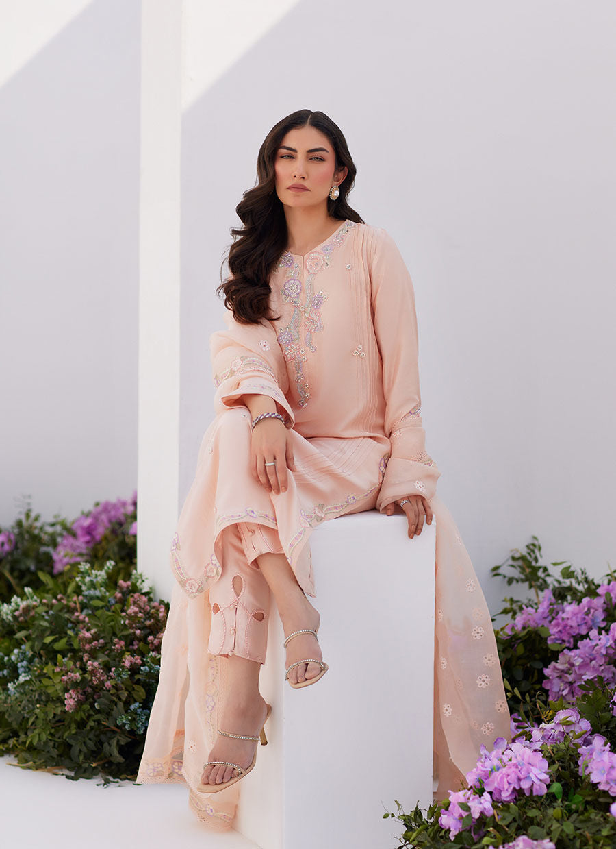 Farah Talib Aziz | Zaza Luxe Pret 24 | ELEA PEACH EMBROIDERED RAW SILK SHIRT AND DUPATTA - Official Farah Talib Aziz stockist in UK - Sakeena London