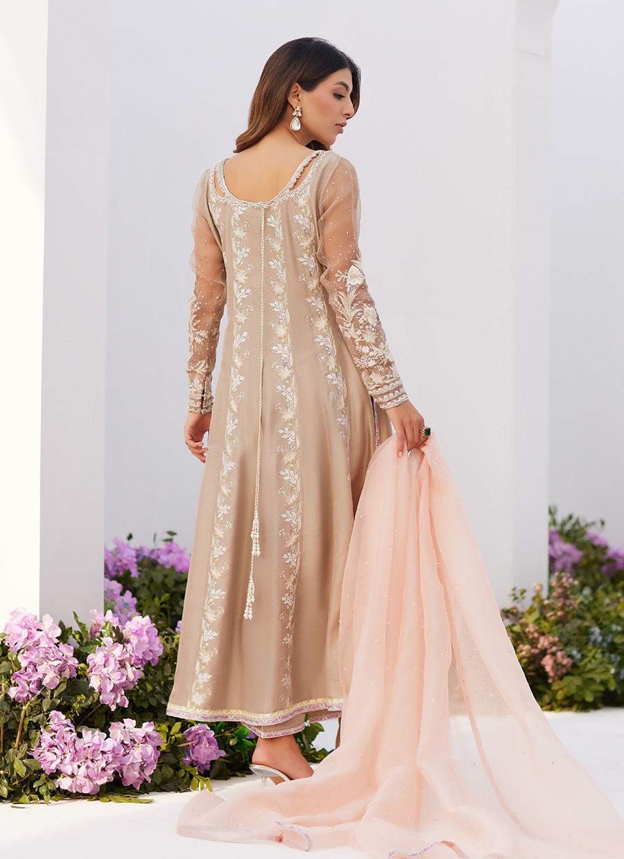 Farah Talib Aziz | Zaza Luxe Pret 24 | CHARLENE SAND EMBROIDERED KALIDAAR WITH DUPATTA - Official Farah Talib Aziz stockist in UK - Sakeena London