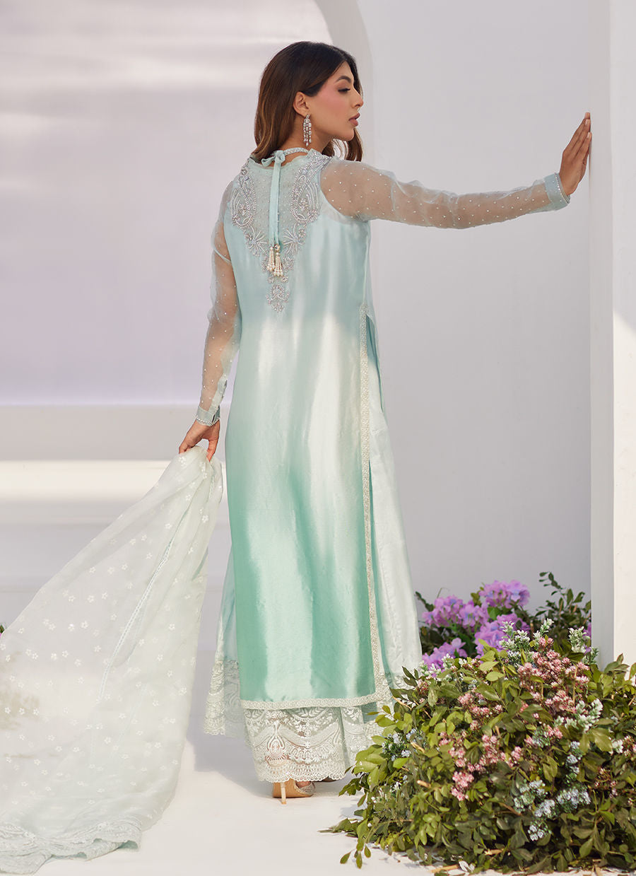 Farah Talib Aziz | Zaza Luxe Pret 24 | SOLENE AQUA OMBRE EMBELLISHED COLUMN SHIRT WITH EMBROIDERED KALIDAAR SLIP - Official Farah Talib Aziz stockist in UK - Sakeena London