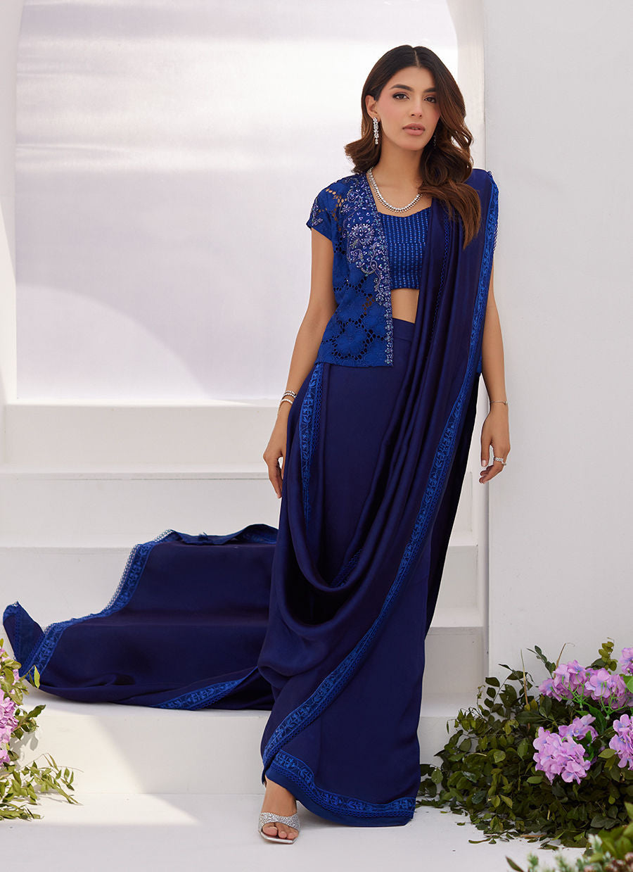 Farah Talib Aziz | Zaza Luxe Pret 24 | OCEAN NAVY DRAPED SAREE WITH CUTWORK EMBELLISHED CAPE - Official Farah Talib Aziz stockist in UK - Sakeena London
