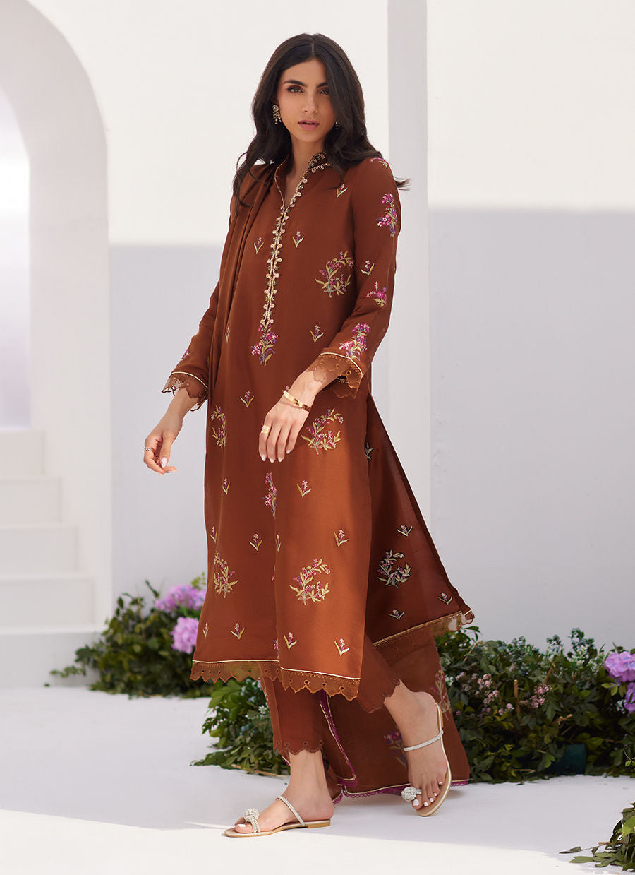 Farah Talib Aziz | Zaza Luxe Pret 24 | NOEMIE CHOCOLATE EMBROIDERED RAW SILK SHIRT AND DUPATTA - Official Farah Talib Aziz stockist in UK - Sakeena London