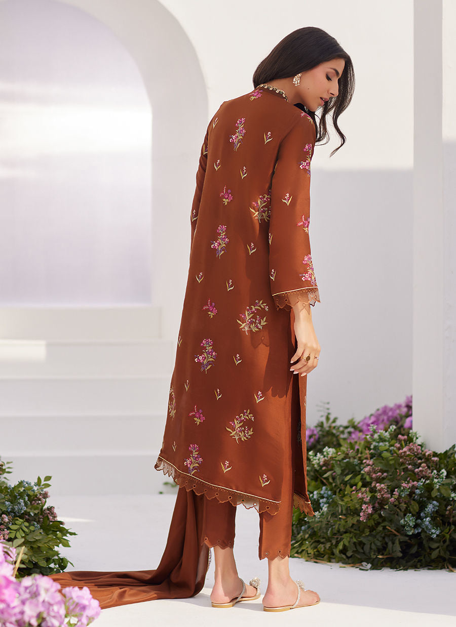 Farah Talib Aziz | Zaza Luxe Pret 24 | NOEMIE CHOCOLATE EMBROIDERED RAW SILK SHIRT AND DUPATTA - Official Farah Talib Aziz stockist in UK - Sakeena London