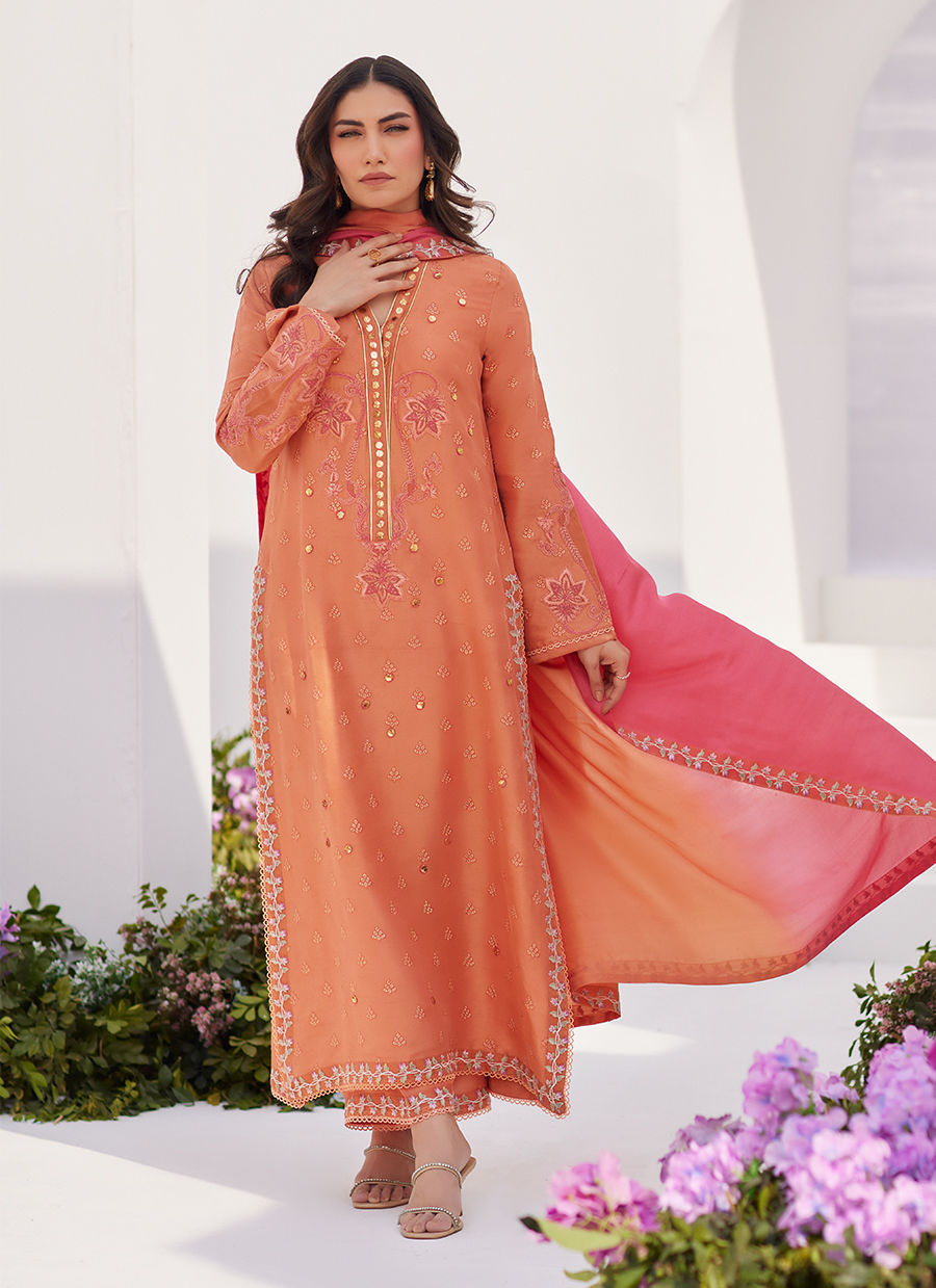 Farah Talib Aziz | Zaza Luxe Pret 24 | ELYNA CORAL EMBROIDERED RAW SILK SHIRT AND DUPATTA - Official Farah Talib Aziz stockist in UK - Sakeena London