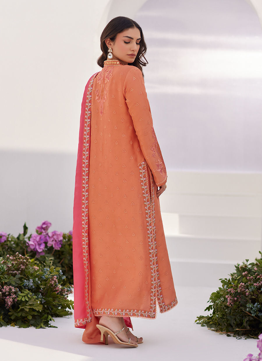Farah Talib Aziz | Zaza Luxe Pret 24 | ELYNA CORAL EMBROIDERED RAW SILK SHIRT AND DUPATTA - Official Farah Talib Aziz stockist in UK - Sakeena London