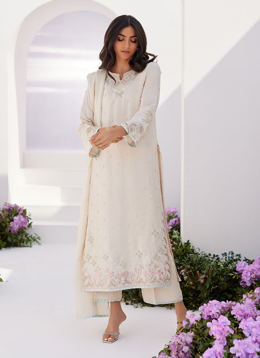 Farah Talib Aziz | Zaza Luxe Pret 24 | LYA IVORY EMBELLISHED RAW SILK SHIRT AND DUPATTA - Official Farah Talib Aziz stockist in UK - Sakeena London