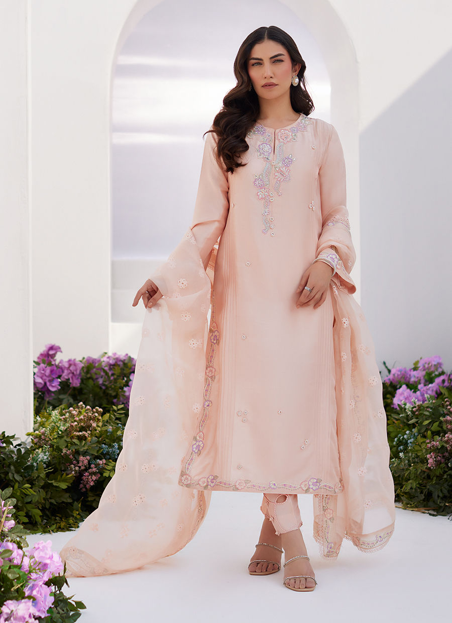Farah Talib Aziz | Zaza Luxe Pret 24 | ELEA PEACH EMBROIDERED RAW SILK SHIRT AND DUPATTA - Official Farah Talib Aziz stockist in UK - Sakeena London