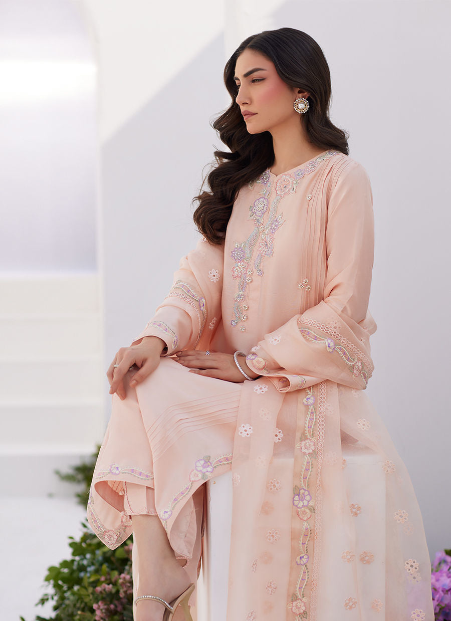 Farah Talib Aziz | Zaza Luxe Pret 24 | ELEA PEACH EMBROIDERED RAW SILK SHIRT AND DUPATTA - Official Farah Talib Aziz stockist in UK - Sakeena London