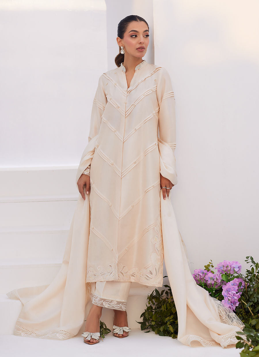 Farah Talib Aziz | Zaza Luxe Pret 24 | TISELE IVORY PLEATED RAW SILK SHIRT AND DUPATTA - Official Farah Talib Aziz stockist in UK - Sakeena London