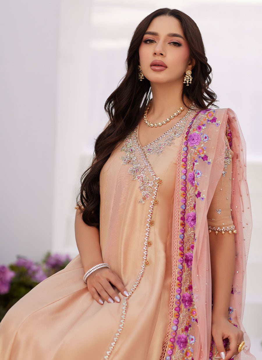 Farah Talib Aziz | Zaza Luxe Pret 24 | LISETTE FAWN EMBELLISHED RAW SILK ANGARKHA AND DUPATTA - Official Farah Talib Aziz stockist in UK - Sakeena London