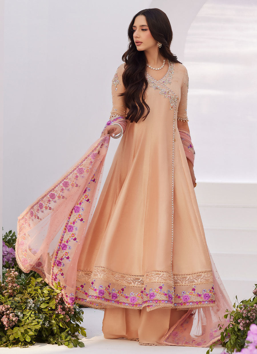 Farah Talib Aziz | Zaza Luxe Pret 24 | LISETTE FAWN EMBELLISHED RAW SILK ANGARKHA AND DUPATTA - Official Farah Talib Aziz stockist in UK - Sakeena London
