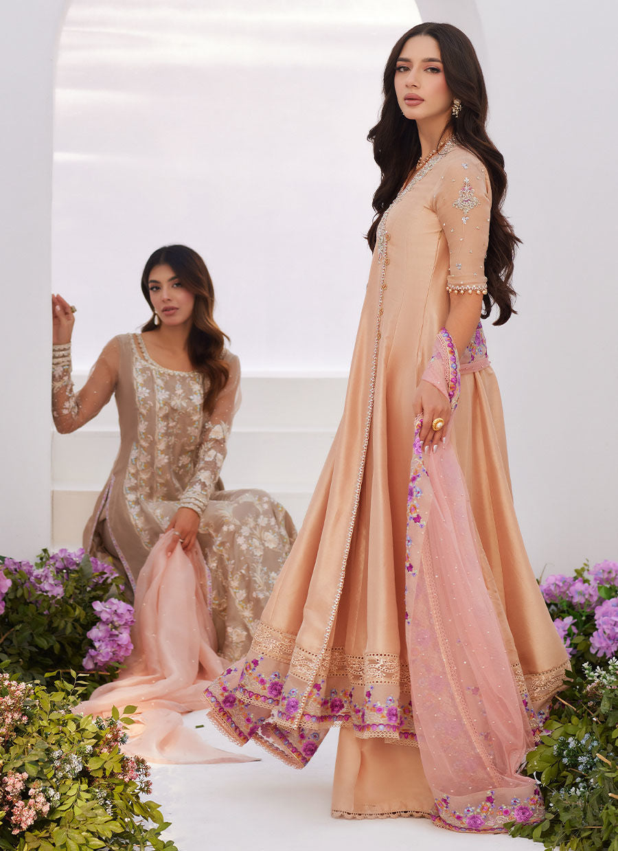 Farah Talib Aziz | Zaza Luxe Pret 24 | LISETTE FAWN EMBELLISHED RAW SILK ANGARKHA AND DUPATTA - Official Farah Talib Aziz stockist in UK - Sakeena London